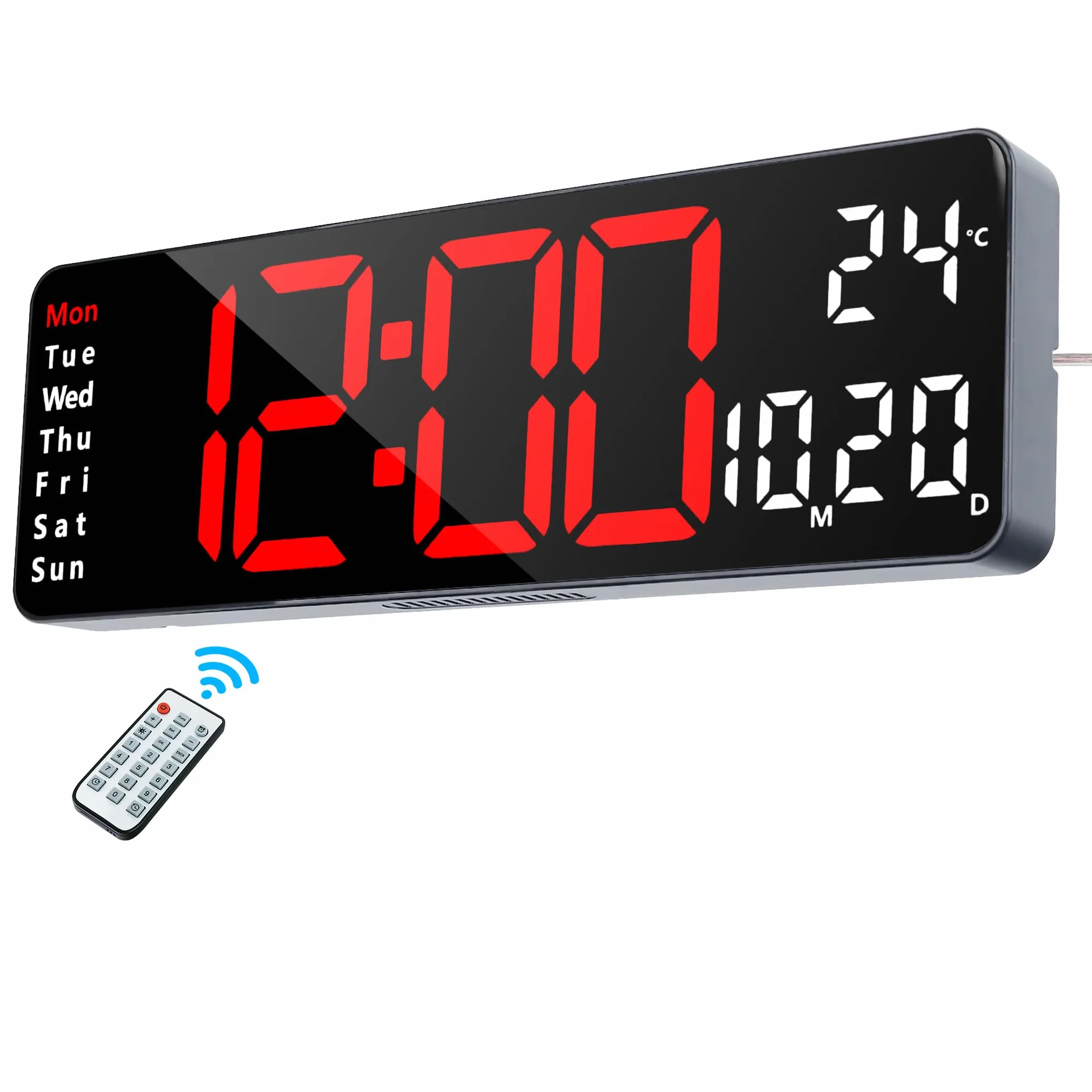 Lafocuse Cyfrowy zegar ścienny z pilotem zdalnego sterowania, wyświetlacz LED 33 cm, duże zegary cyfrowe z regulowaną jasnością, odliczaniem i timerem, temperaturą, datą do salonu, domu, biura