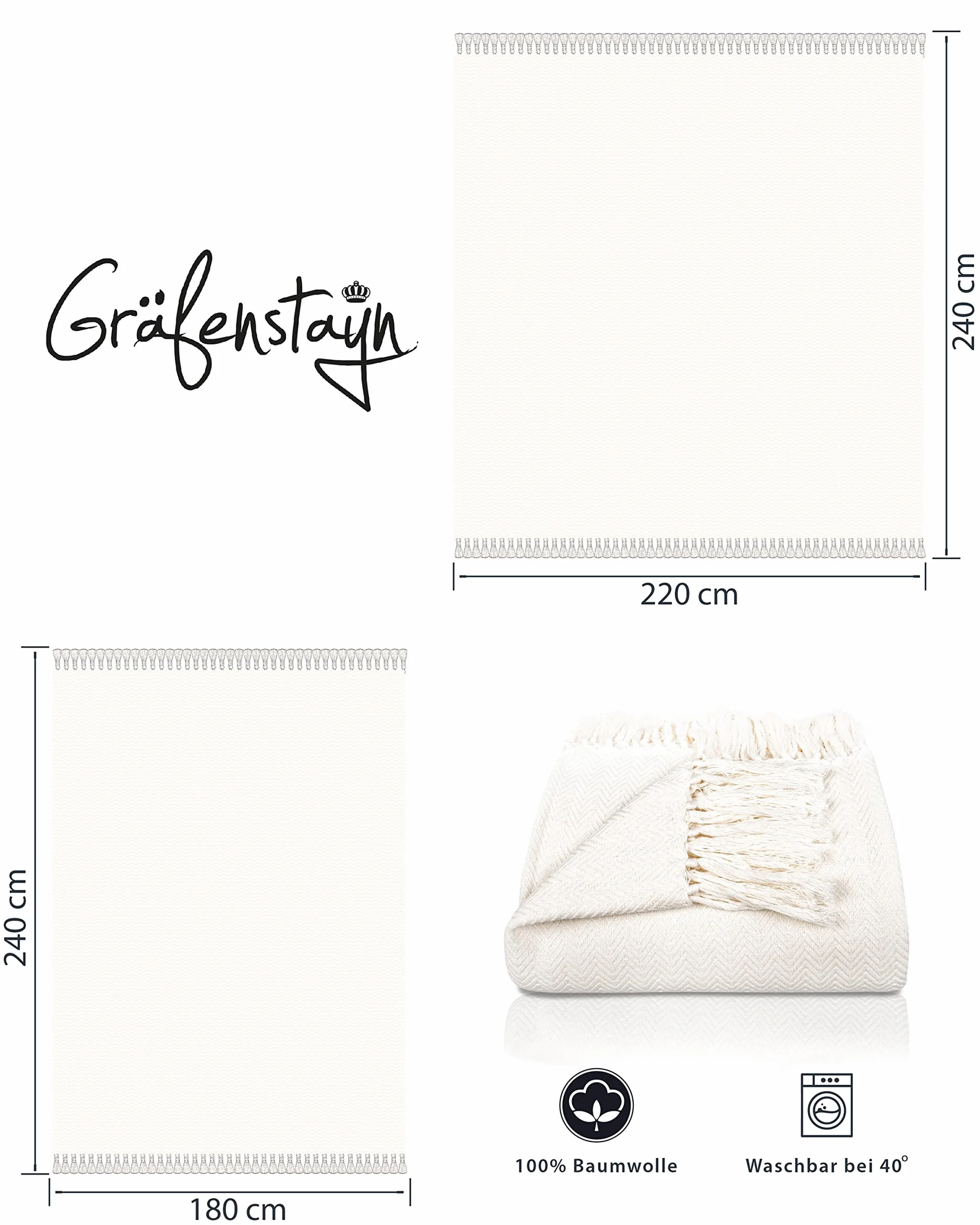 Gräfenstayn Narzuta klasy premium z frędzlami, XXL, 100% bawełna, wzór w jodełkę, koc, na lato, na łóżko, na kanapę, na sofę, 220 x 240 cm, kremowa