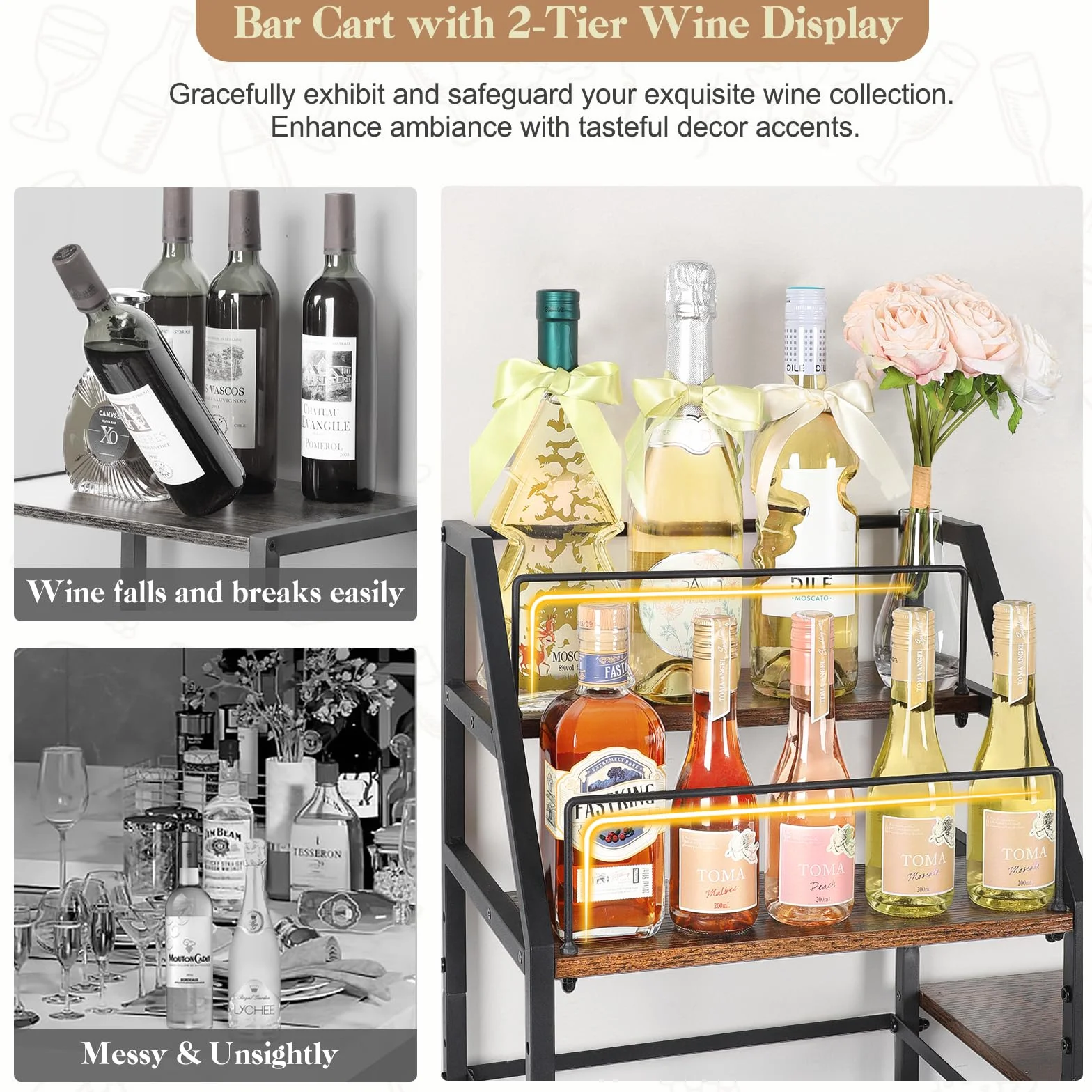 Bikoney Stojaki na Wino Wolnostojące, Duży Wyświetlacz do Przechowywania Wina z Wózkiem Barowym, Stojak na Wino Wystroju Domu, Wózek na Alkohol, Szafka na Alkohol do Baru, Kuchni, Jadalni