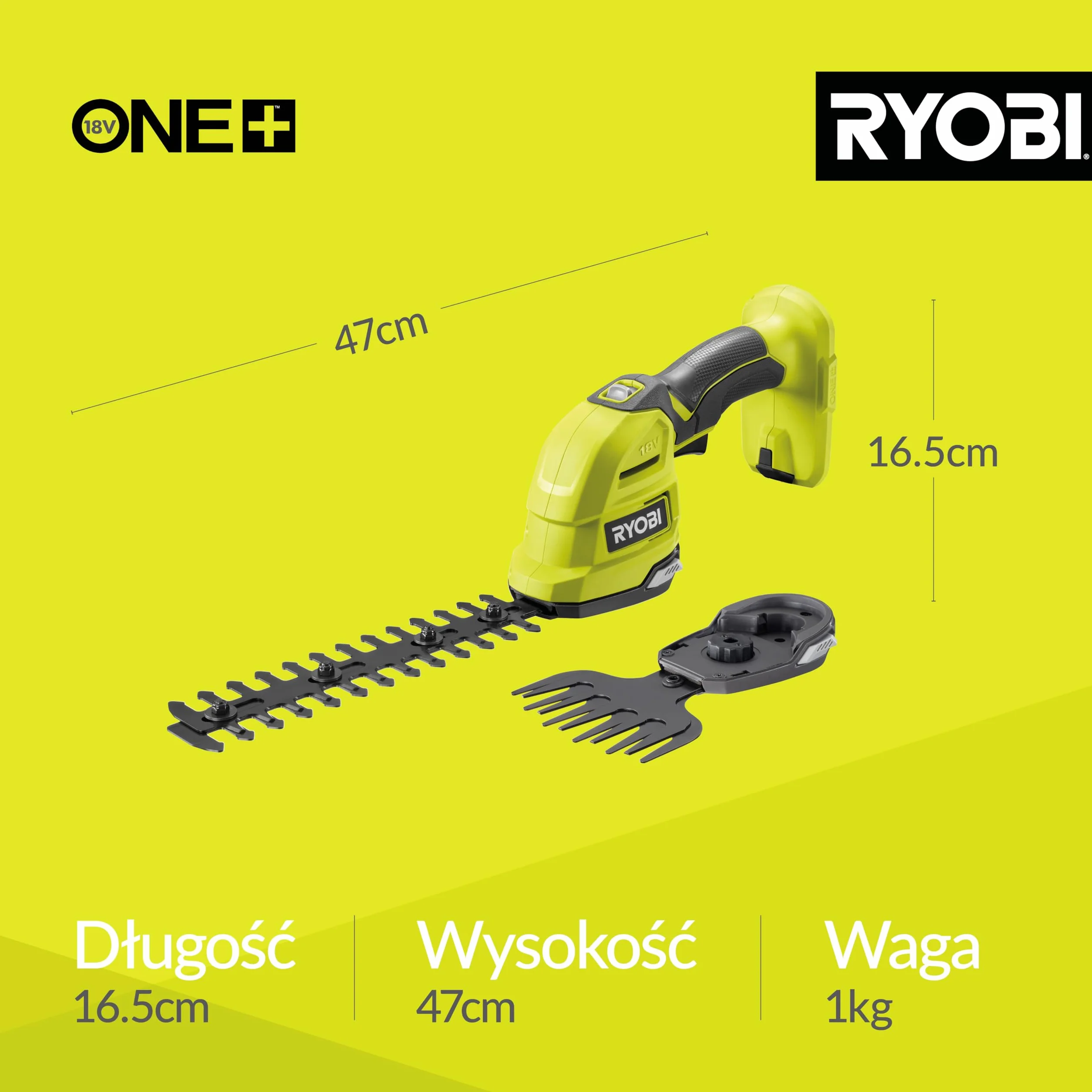 Ryobi Nożyce do Żywopłotu i Trawy 18V, RY18GSA-0, Kompaktowe Nożyce, 2w1, Ostrze do Krzewów 20 cm, Ostrze do Trawy 10 cm, Beznarzędziowa Wymiana Ostrzy, Wersja bez Akumulatora i Ładowarki