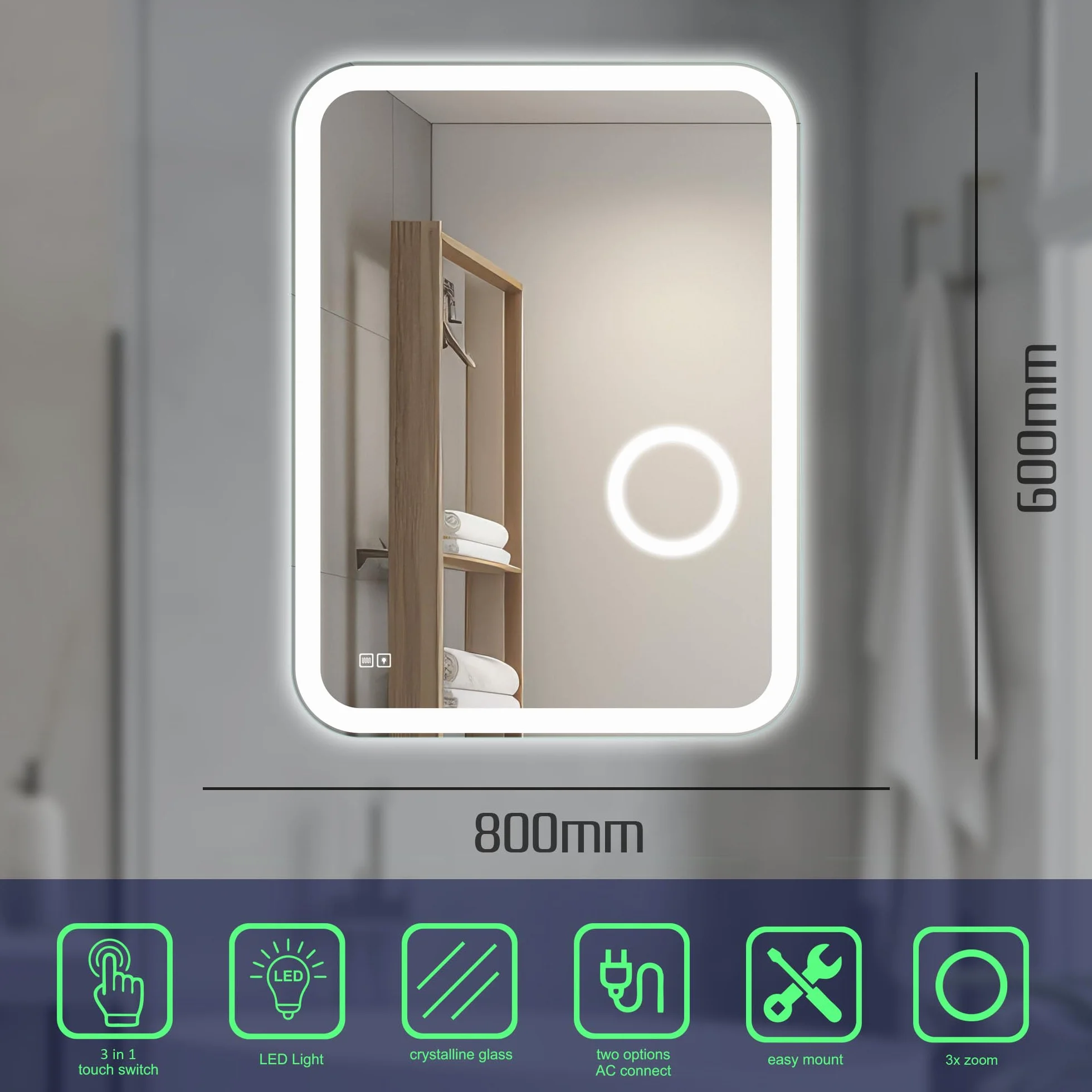 60x80 cm Lustro Łazienkowe z Oświetleniem LED z Funkcją Przeciwmgielną Prostokątne Lustro Łazienkowe