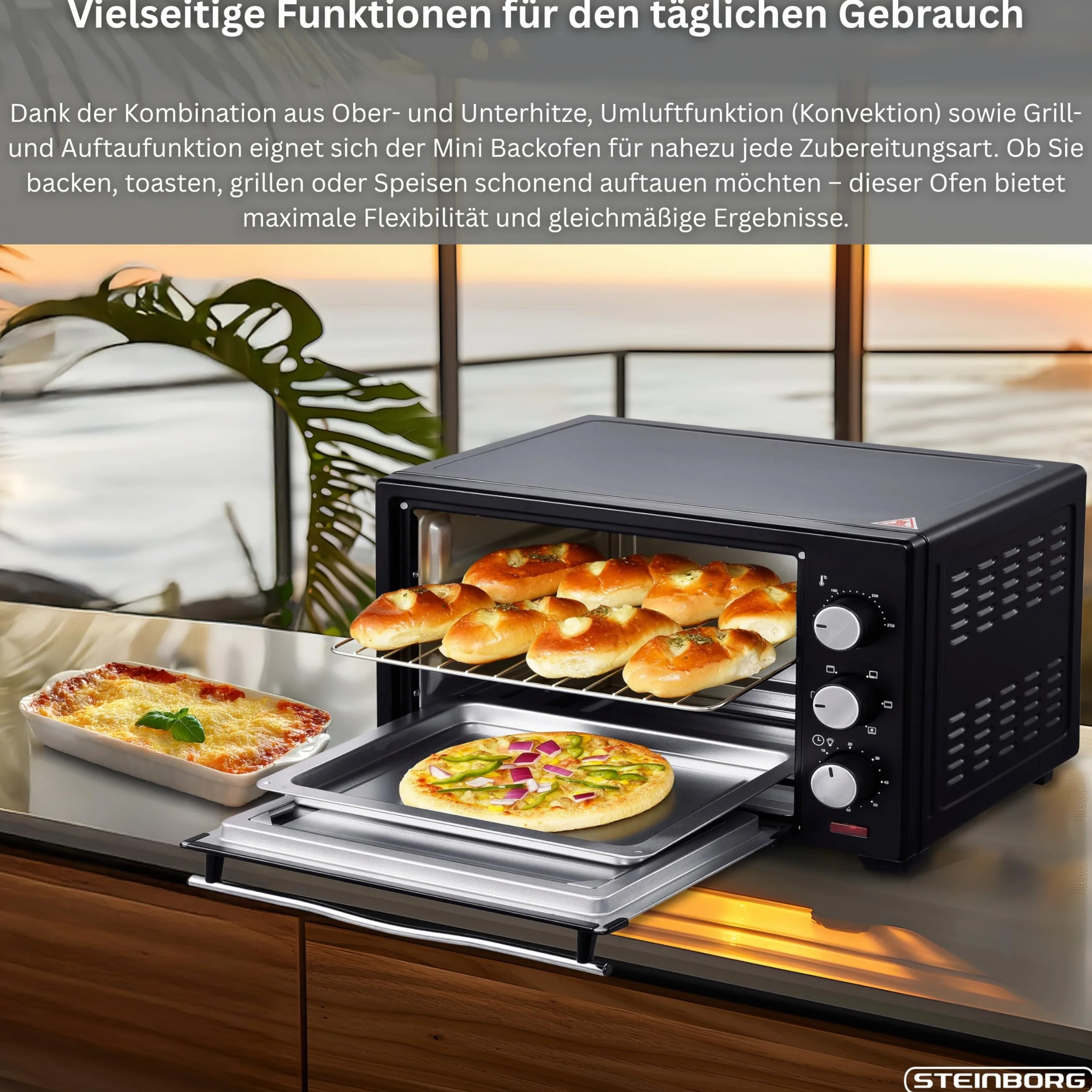 Steinborg mini piekarnik z termoobiegiem 1600 W 25 litrów piec do pizzy
