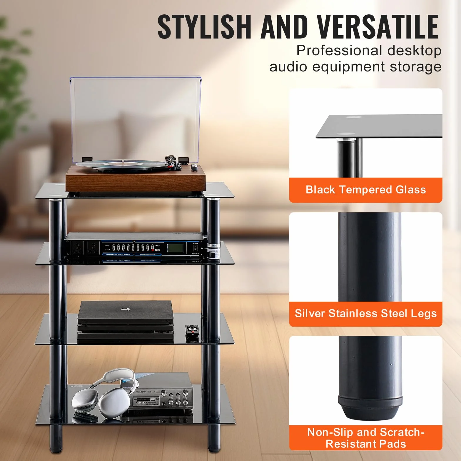 VEVOR 4-poziomowa wizualna szafka audio, półka multimedialna ze szkła hartowanego, stojak HiFi z diodami LED do obudów DVD, kabli/konsol do gier, szafka do przechowywania pokoju gier/nagrywania