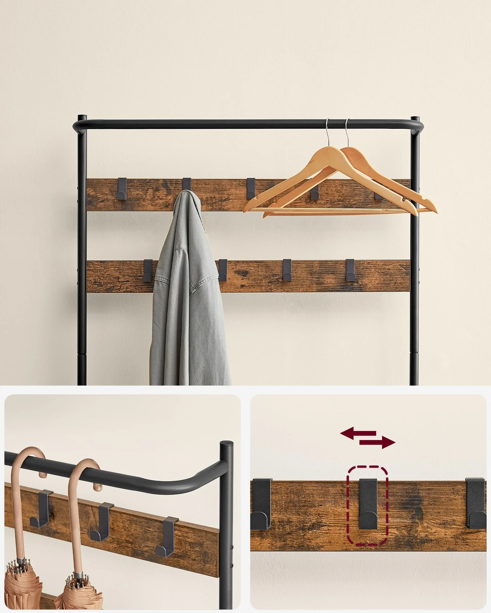 VASAGLE Wieszak na ubrania do przedpokoju z ławką na buty, wieszak na ubrania z 9 zdejmowanymi haczykami i drążkiem na ubrania, 32,2 x 84 x 180 cm, sypialnia, industrialny, brązowy i czarny HSR421B01
