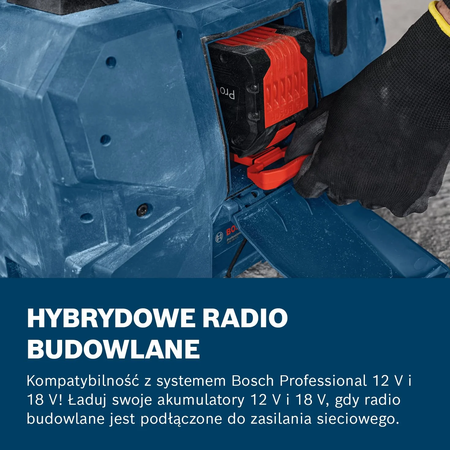 Bosch Professional 18 V / 12 V firmy Bosch: akum. radio budowlane GPB 18VH-6 SRC (ładowanie akum. 18 V i 12 V w narzędziu, otwieracz do butelek, 2 baterie AAA, folia ochr. na ekran, bez akum./ład.)