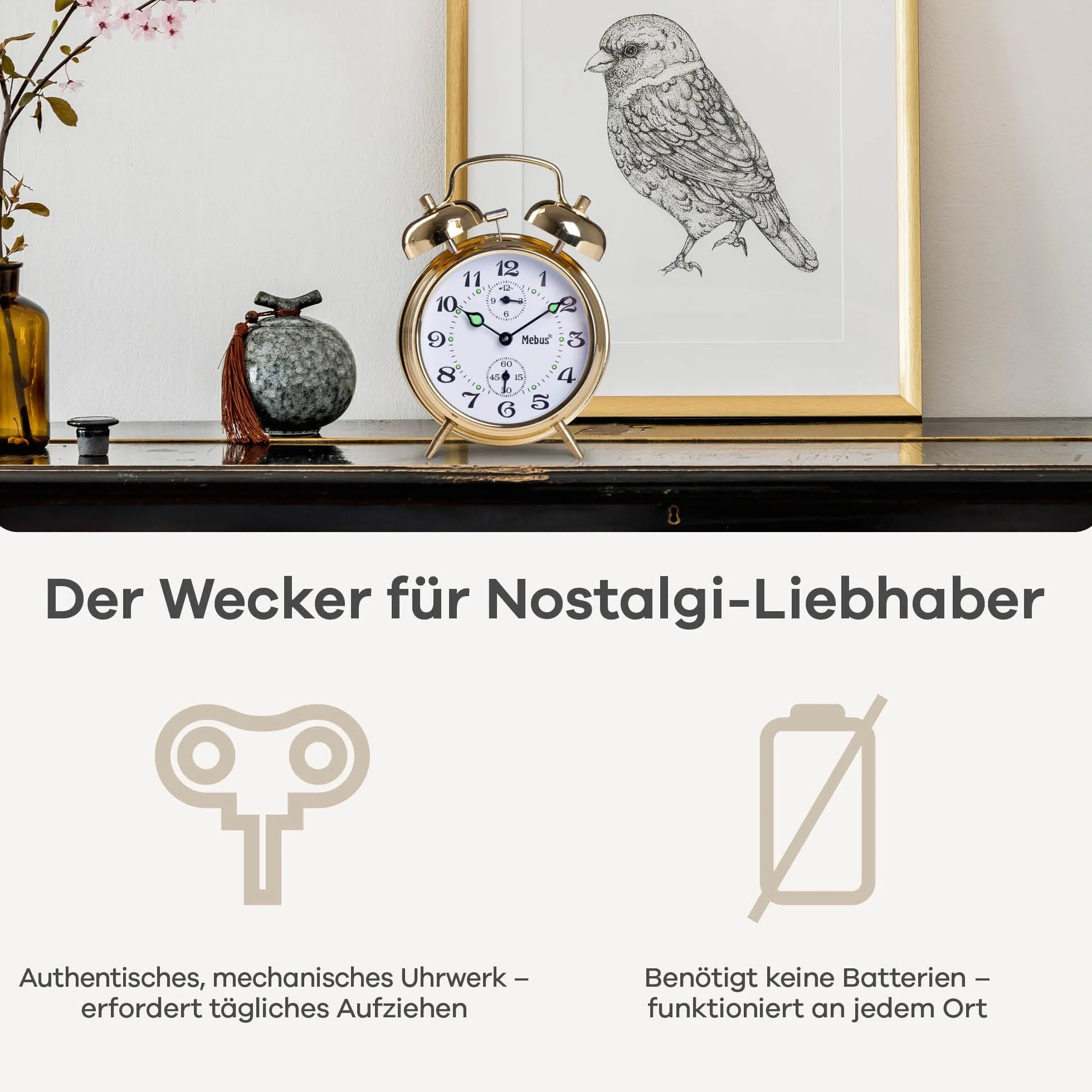 Mechaniczny budzik windy z klasycznym dzwonkiem, wskaźnikami świetlnymi — więcej retro nie jest możliwe/Kolor: Złoty
