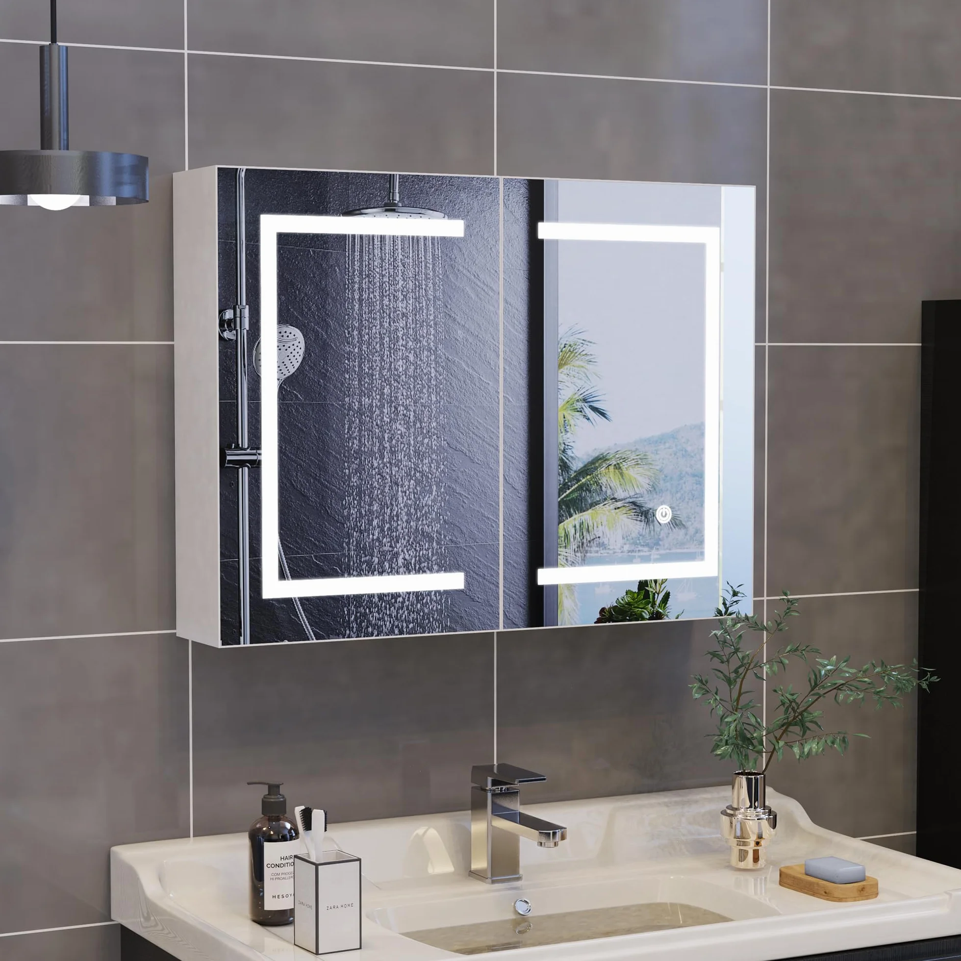 Szafka łazienkowa z lustrem i oświetleniem LED, szafka toaletowa z lustrem 80 x 13,5 x 60 cm z miejscem do przechowywania, przeciwmgielna, do łazienki, kuchni, a nawet salonu (podwójne drzwi)