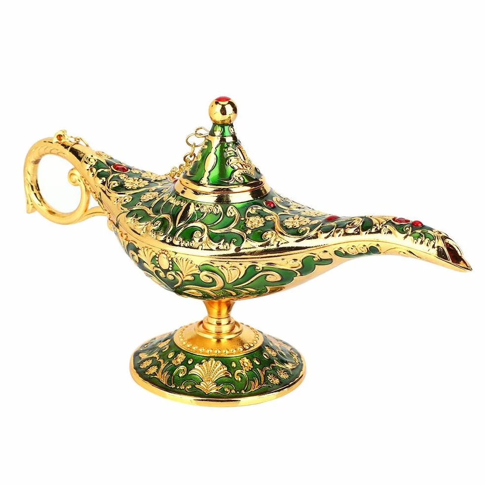 Vintage Collectable Rzadka legenda Aladdin Magic Genius lampy kadzidła palnik Aladdin wspaniała lampa olejna arabska genialna lampa genialna lampa do dekoracji stołu w domu i (zielona)