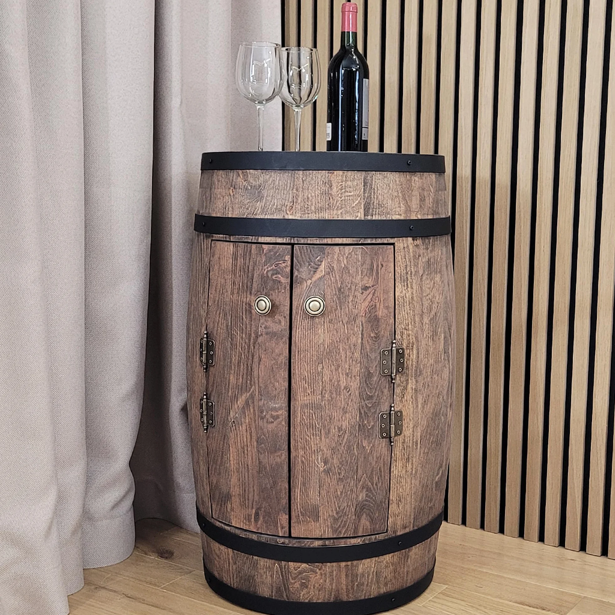 Barek z 2 drzwiczkami, drewniana beczka XL na wino – ręcznie robiony regał na butelki bar vintage, szafka na whisky, piwo, wino, prezent dla mężczyzny