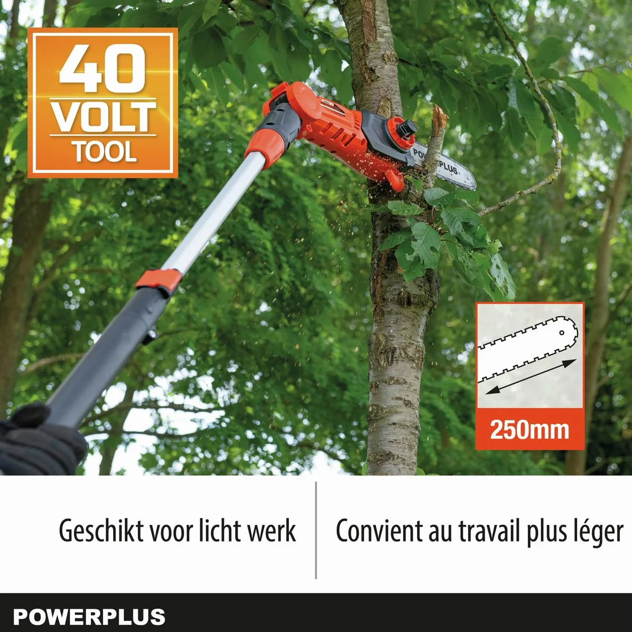 Powerplus Dual Power POWDPG75385 Akumulator kettingzaag - 40V - Zwaardlengte 300mm - Telescopisch - Automatyczny kettingsmering - Wył. accu en lader - w zestawie. 1x ketting w 1x zwaard