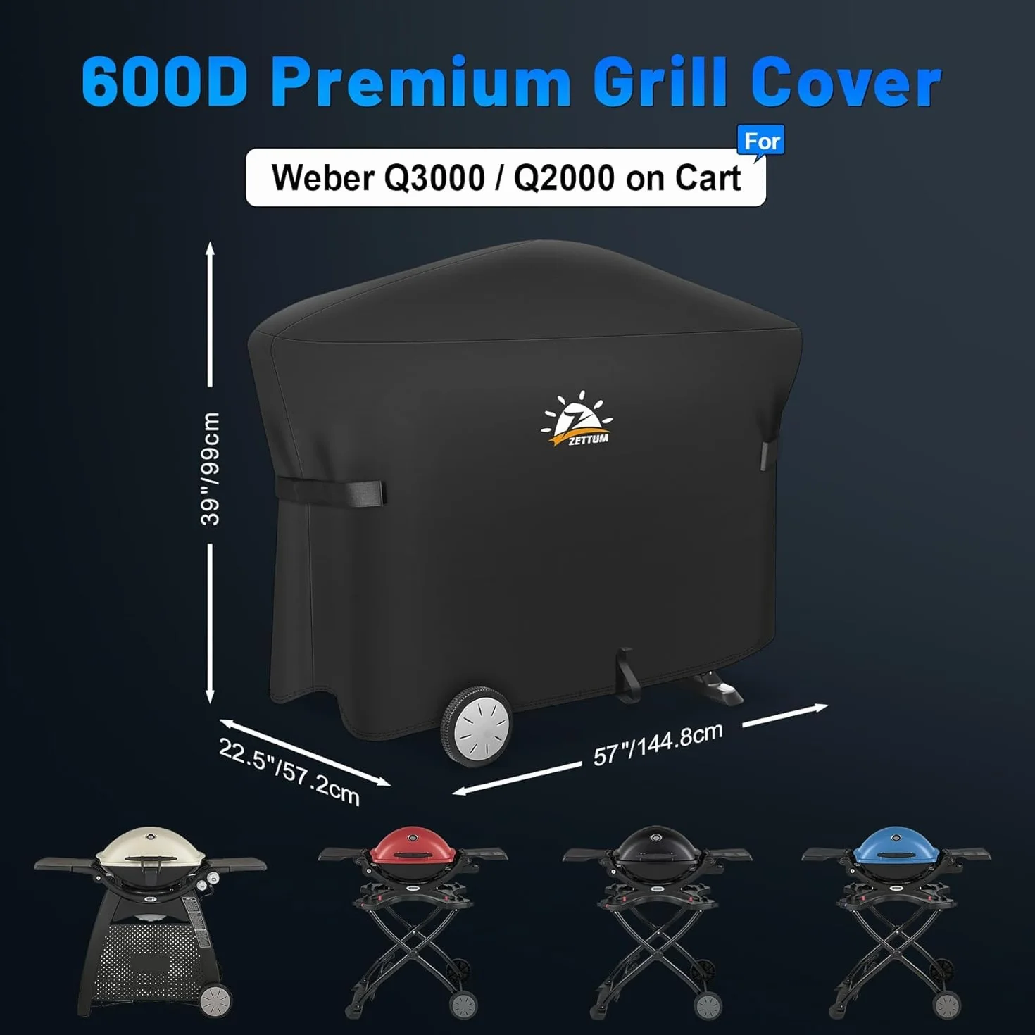 Zettum Pokrowiec na grill Weber Q2000/3000 Series, pokrowiec na grill 7112, wytrzymały i wodoodporny, pokrowiec poliuretanowy do Weber Q3200, 3000, 320, 300 i innych (dł. 144 x szer. 57 x wys. 99 cm)