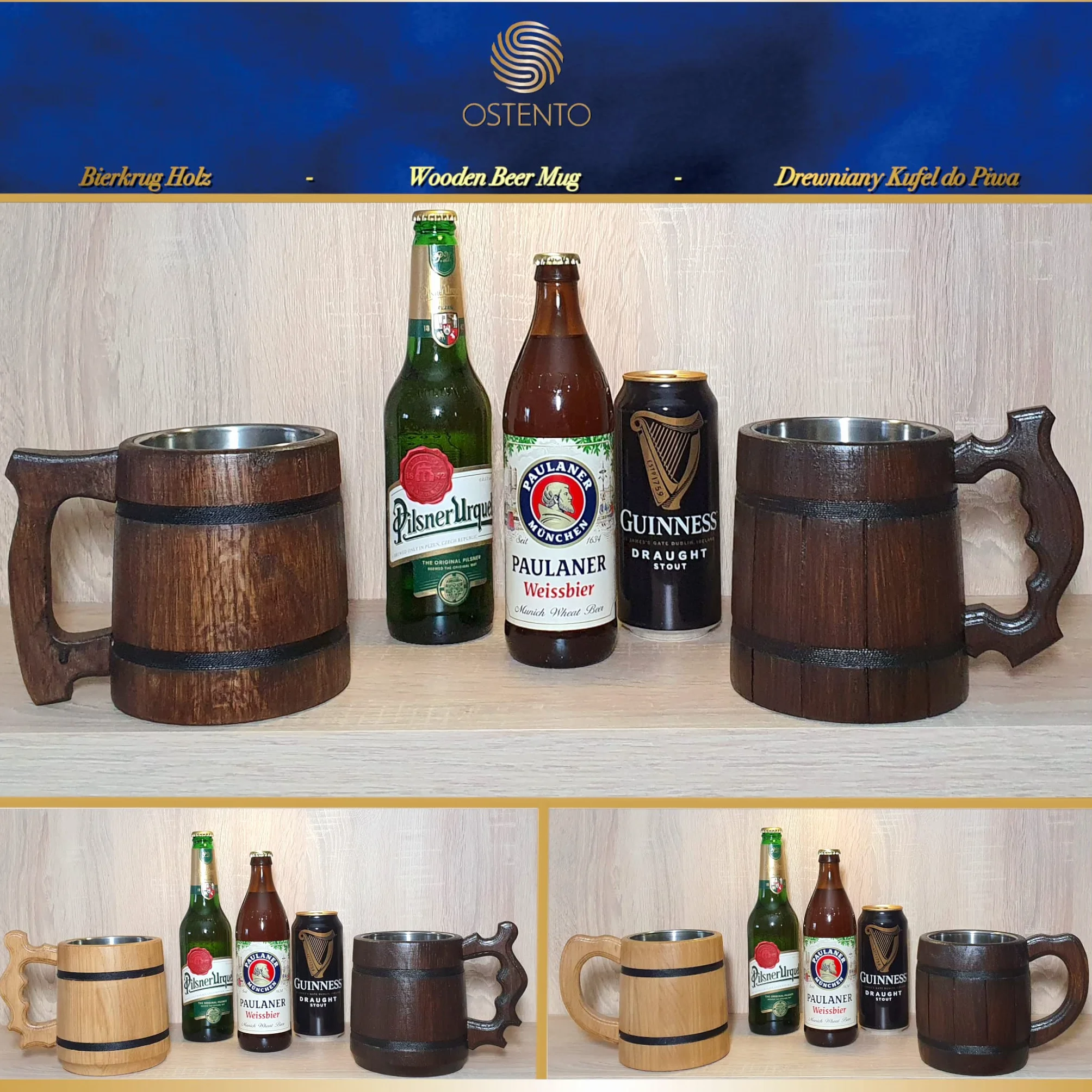 Drewniany Kufel do Piwa 500 ml z Dębu i Stali Nierdzewnej, Duży Kubek na Napoje, Made in UE (Diablo)