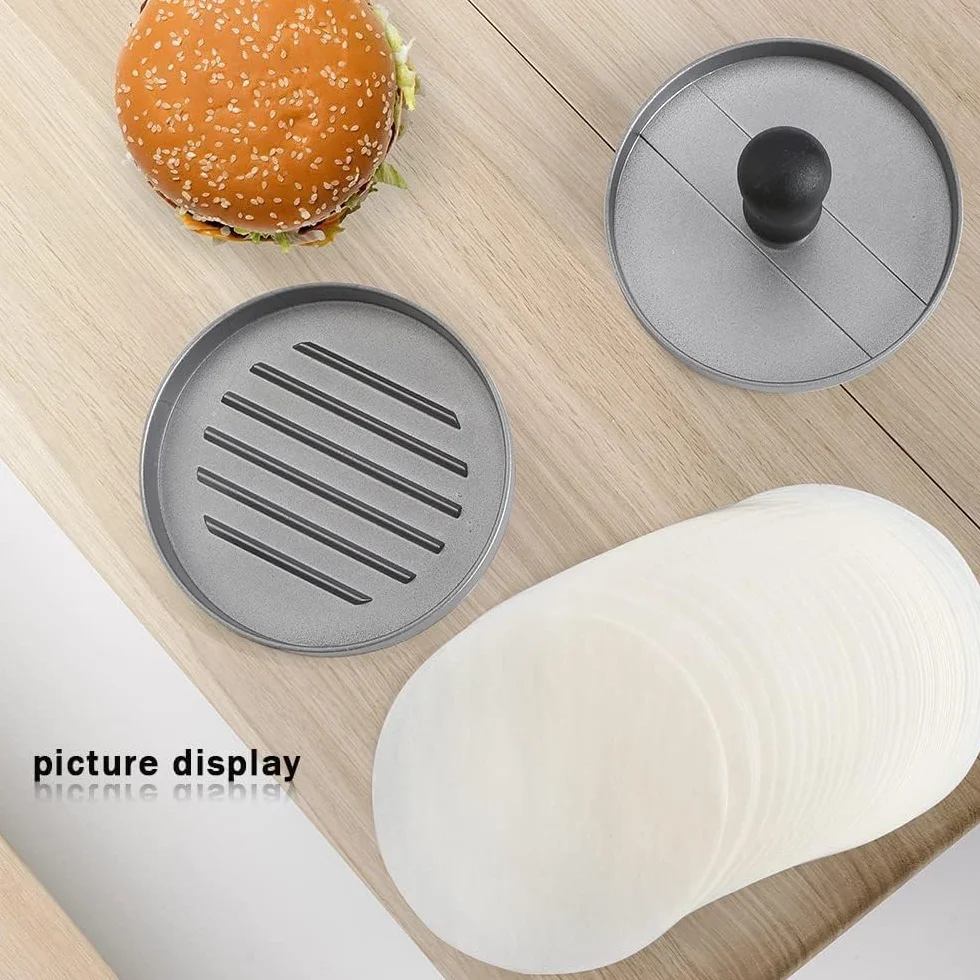XTDMJ Burger Forma do steków z powłoką nieprzywierającą + 100 arkuszy papieru siarczanowego, przybory kuchenne do robienia pysznych hamburgerów, ciast i grilla