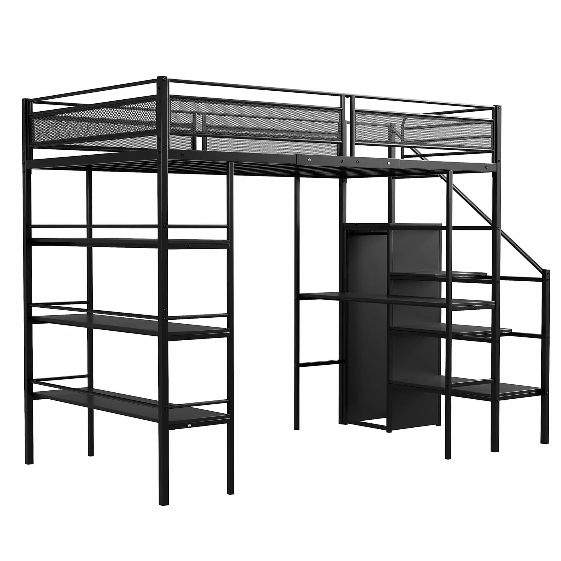 Łóżko piętrowe metalowe 90 x 200 cm, biurko i szafa na ubrania, łóżko piętrowe z półką i schodami, rama łóżka z miejscem do przechowywania, łóżko dla dzieci i młodzieży, czarne