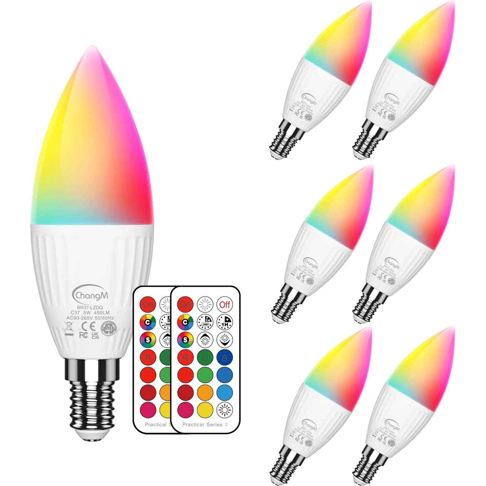 ChangM Lampa LED E14 RGBW 2700 K zestaw 6 diod LED zmieniających kolor żarówki 5 W (zastępuje 40 W), możliwość przyciemniania kolorów żarówki LED, zmiana kolorów z pilotem zdalnego sterowania, RGB i