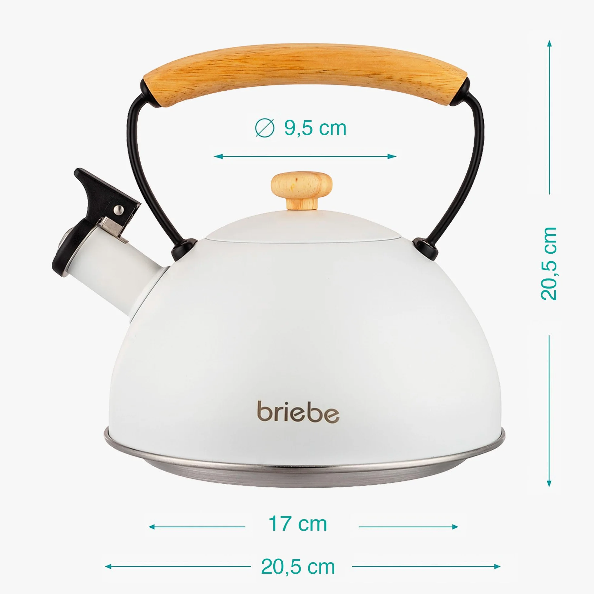 briebe Nordic dzbanek indukcyjny gwizdka 2,3 l, napary, czajnik ze stali nierdzewnej, wszystkie rodzaje kuchenek, płyta ceramiczna, gaz, drewniany uchwyt zimny dotyk, herbata, biały