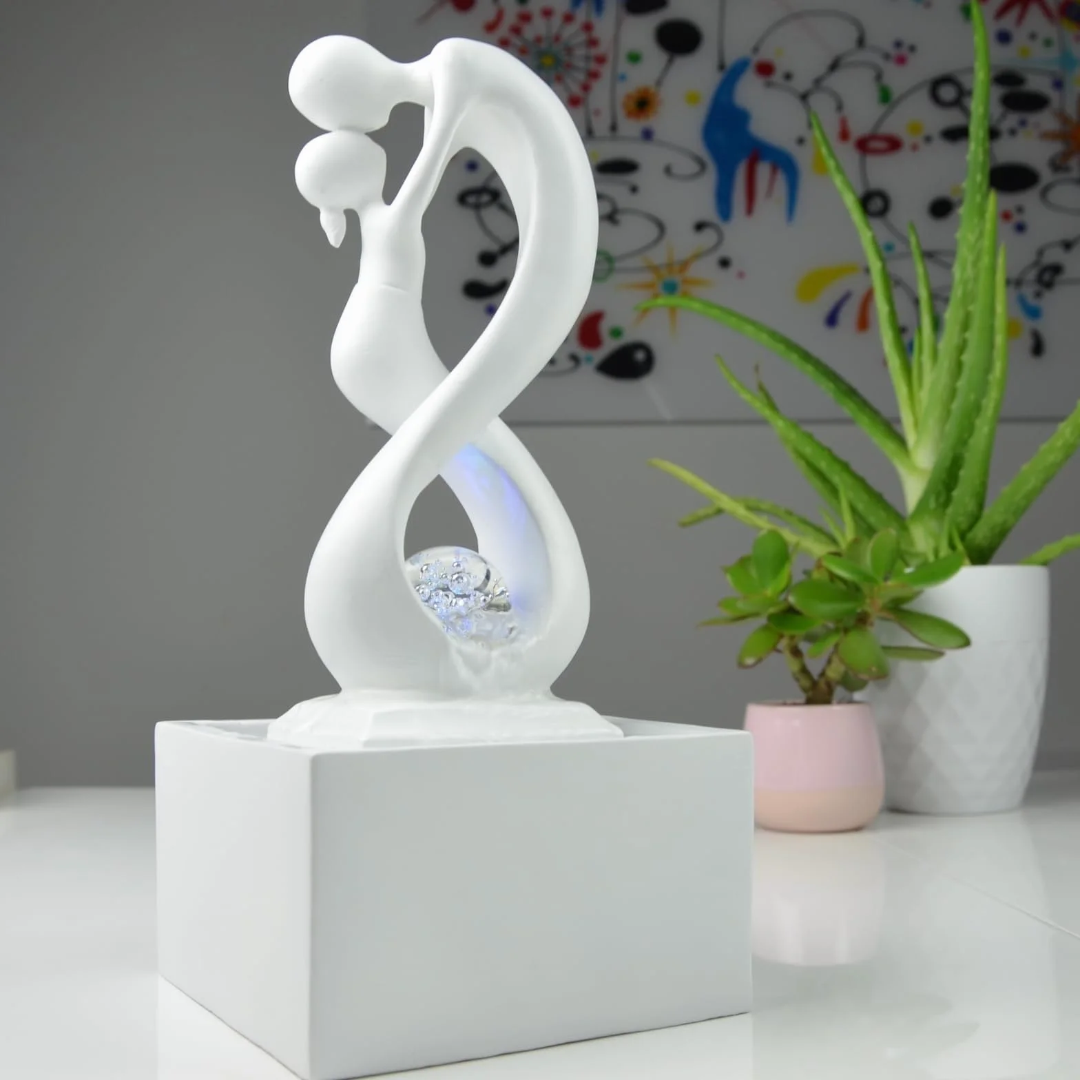 Zen'Light - Nowoczesna fontanna wewnętrzna Amor White z kolorowym światłem LED - Wystrój w stylu sztuki współczesnej, idealna medytacja i relaks - Oryginalny design Obrotowa kula zamknięta -