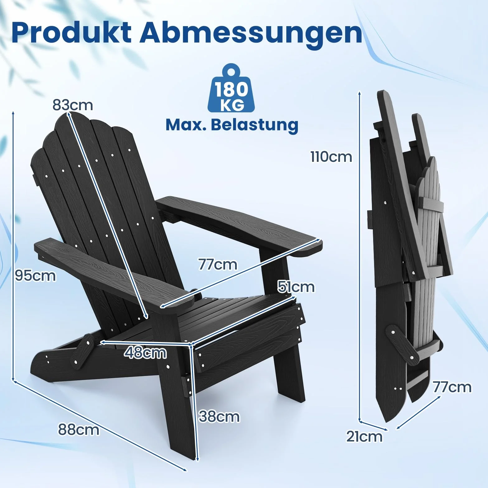 COSTWAY Adirondack krzesło składane, odporne na warunki atmosferyczne Adirondack Chair z tworzywa sztucznego, krzesło ogrodowe z wysokim oparciem i szerokimi podłokietnikami, do ogrodu, na taras,