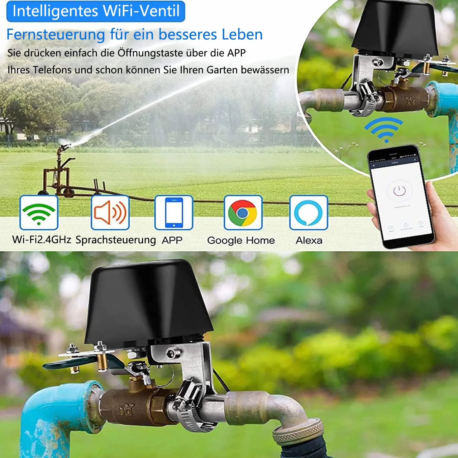 UseeLink Inteligentny zawór wodny, sterowanie zaworem Wi-Fi, sterowanie nawadnianiem, zawór odcinający wodę, bezprzewodowy zawór Smart, kompatybilny z Alexa i Google, nie wymaga koncentratora