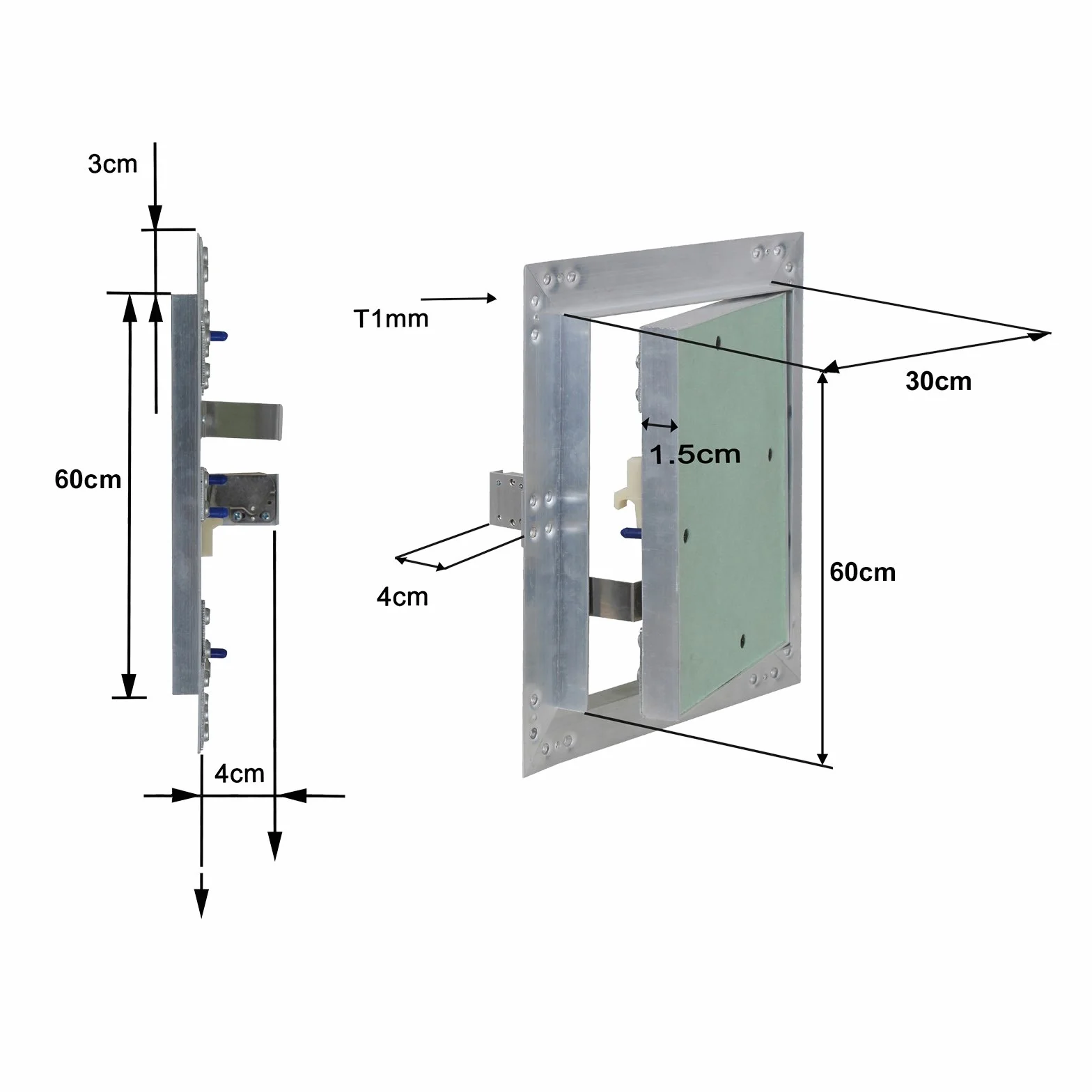 Wiltec Drzwiczki rewizyjne aluminiowe 30x60 cm pod płytki z wkładem gk 12,5 mm, klapa rewizyjna do suchej zabudowy ze stabilną ramą pod spoinowanie