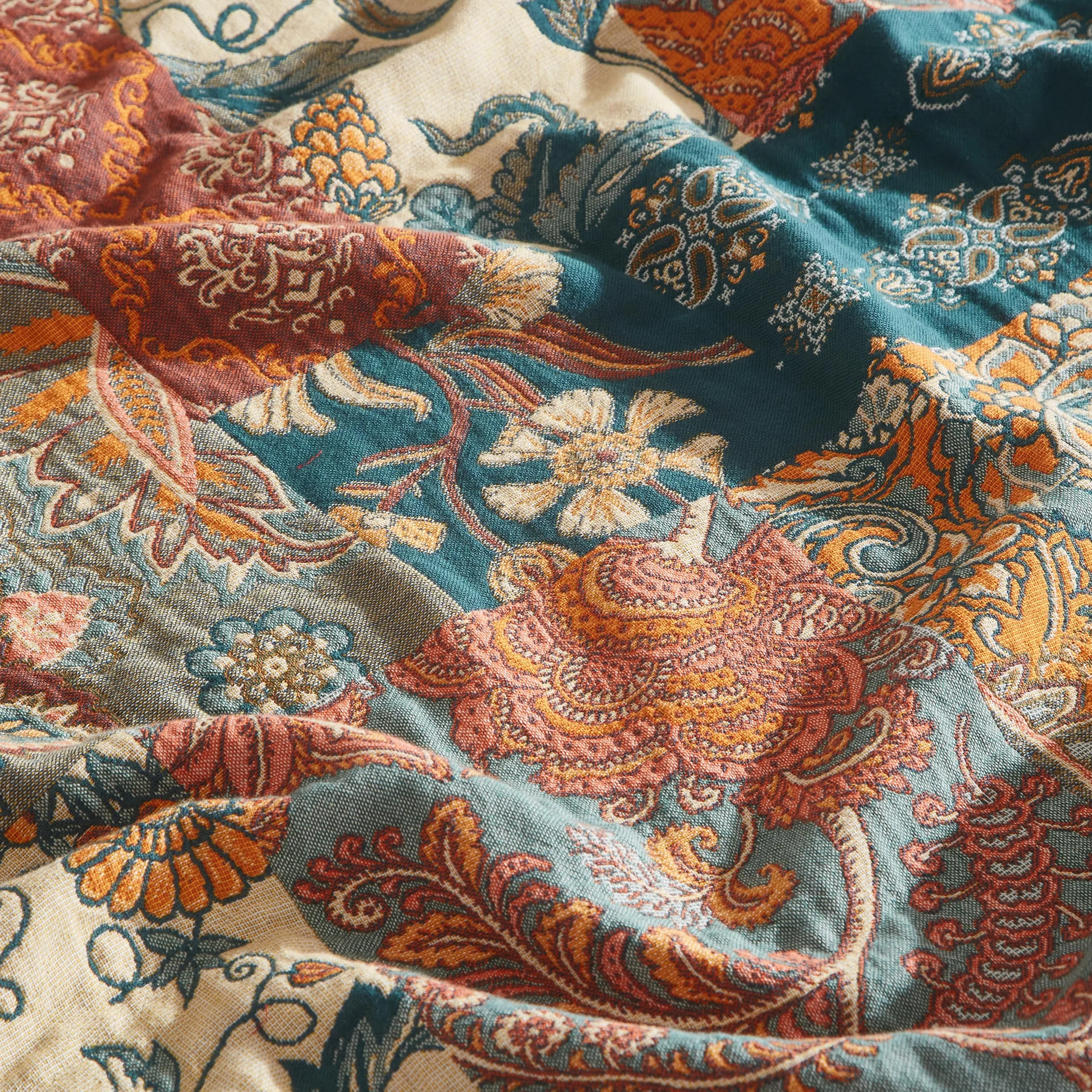 SESoftexly Bohemian koc 100% bawełna, duża dwustronna narzuta muślinowa, 200 x 230 cm, narzuta na sofę i łóżko, estetyczny design, idealny do salonu i sypialni, pomarańczowy/zielony