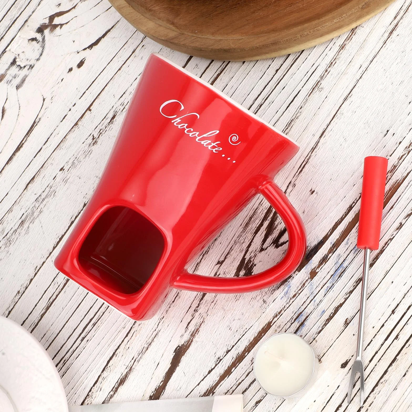 Kubek Fondue Czekoladowego Zestaw, Ceramiczny Mini Kubek do Rozpuszczania Czekolady z Widelcem i Podgrzewaczem do Świec na Słodkości Desery Idealny Randki Urodziny Prezent Ślubny (Czerwony)