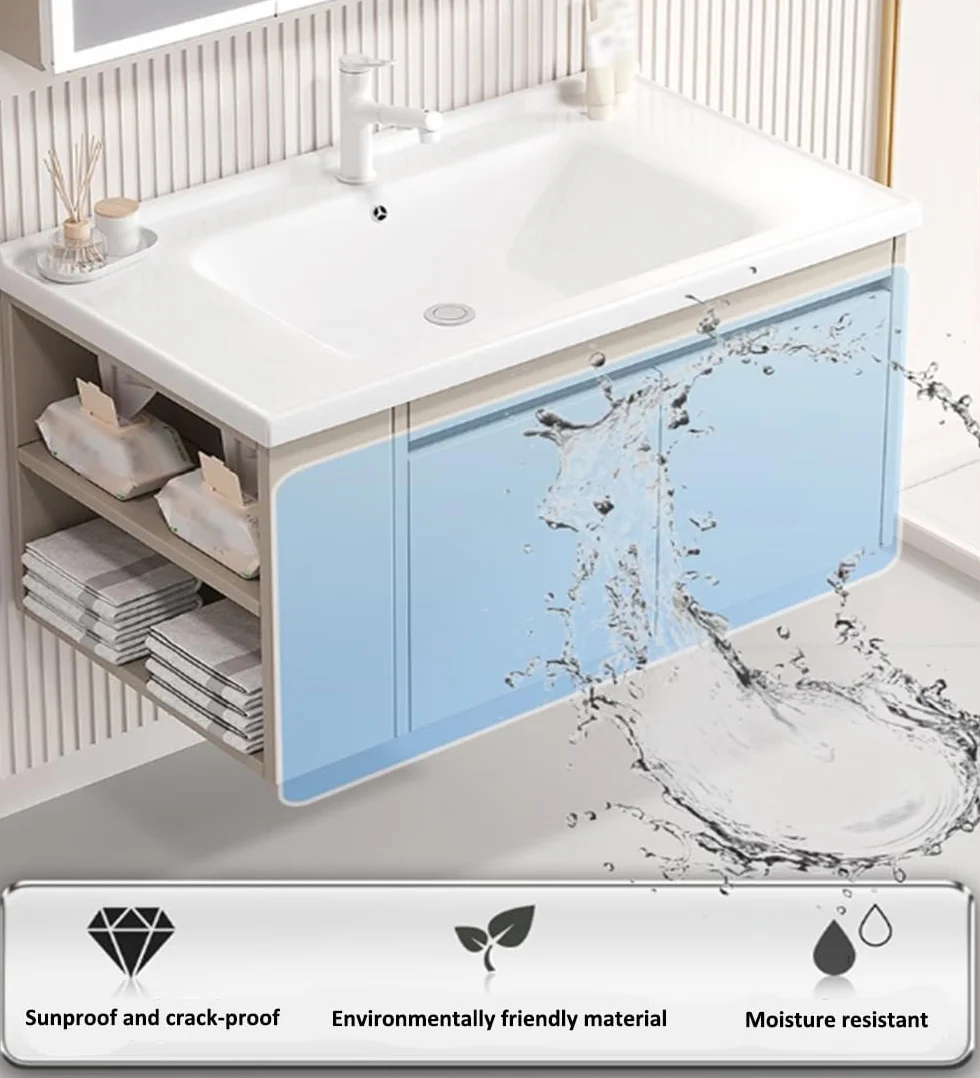 Pływająca toaletka łazienkowa z szafką boczną, toaletka łazienkowa z jednoczęściowym zlewem ceramicznym aluminiowa naścienna łazienka przechowywanie toaletka z szafką z lustrem inteligentne