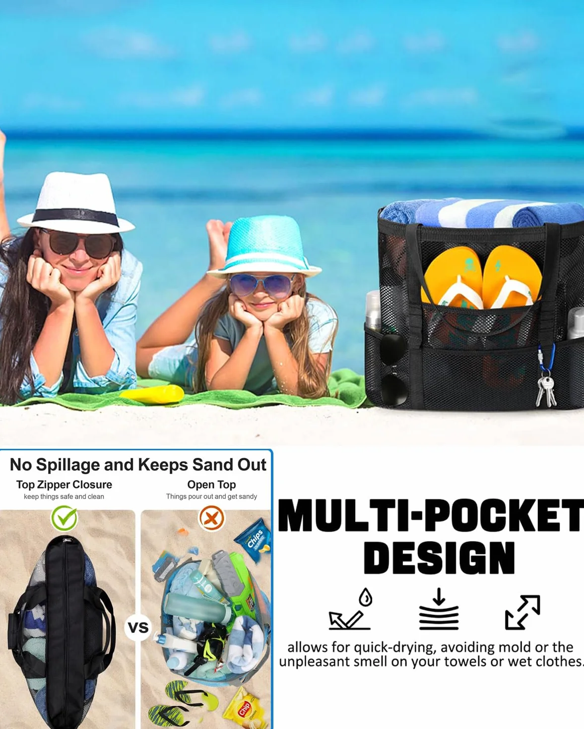 1 szt. Duża torba na zabawki plażowe - siatka wielokrotnego użytku i do zabawek piaskowych i wodnych - idealna na plażę, piknik, basen, pralnię i rodzinne wakacje (czarny)