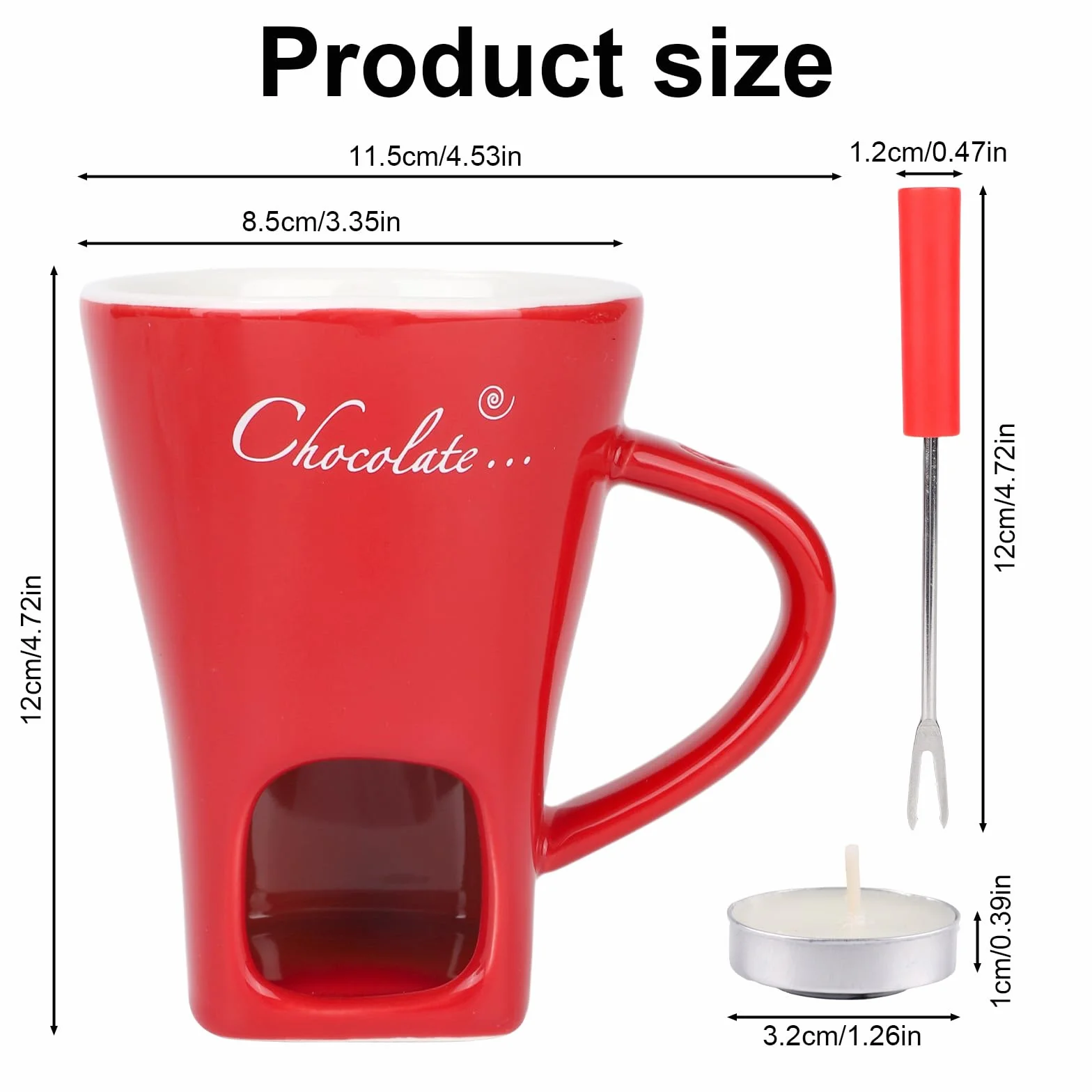 Kubek Fondue Czekoladowego Zestaw, Ceramiczny Mini Kubek do Rozpuszczania Czekolady z Widelcem i Podgrzewaczem do Świec na Słodkości Desery Idealny Randki Urodziny Prezent Ślubny (Czerwony)