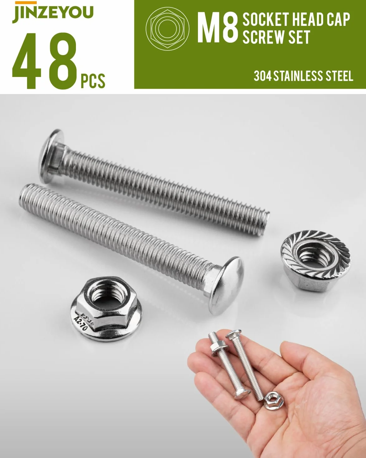 48 sztuk śrub zamkowych M8 x 60 mm, śruby do bramy ze stali nierdzewnej z sześciokątnymi nakrętkami kołnierzowymi, śruby z łbem płaskim, okrągłym z nasadką czworokątną, płaskie, okrągłe śruby do zamka