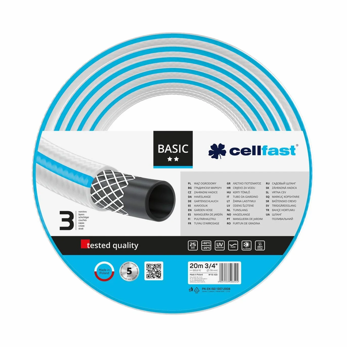 Cellfast Wąż Ogrodowy Basic - 3-Warstwowy - Wytrzymały - 3/4" 20 m - Nawadnianie Ogrodu