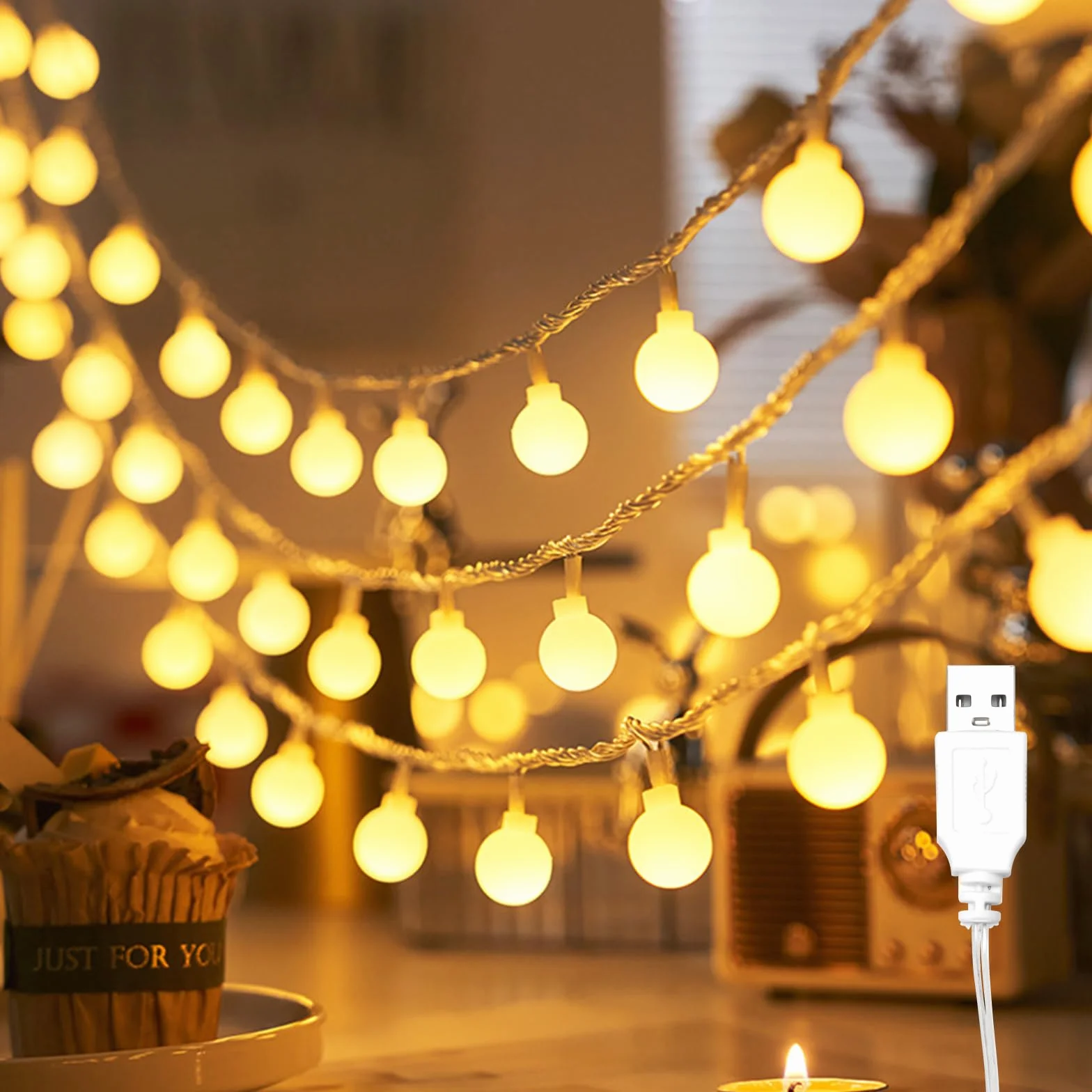 ENLACE Łańcuch świetlny do wnętrz, 6 m, 40 diod LED, ciepła biel, zasilanie USB, łańcuch świetlny na wesele, imprezę, Boże Narodzenie, balkon, kemping, do użytku wewnątrz i na zewnątrz