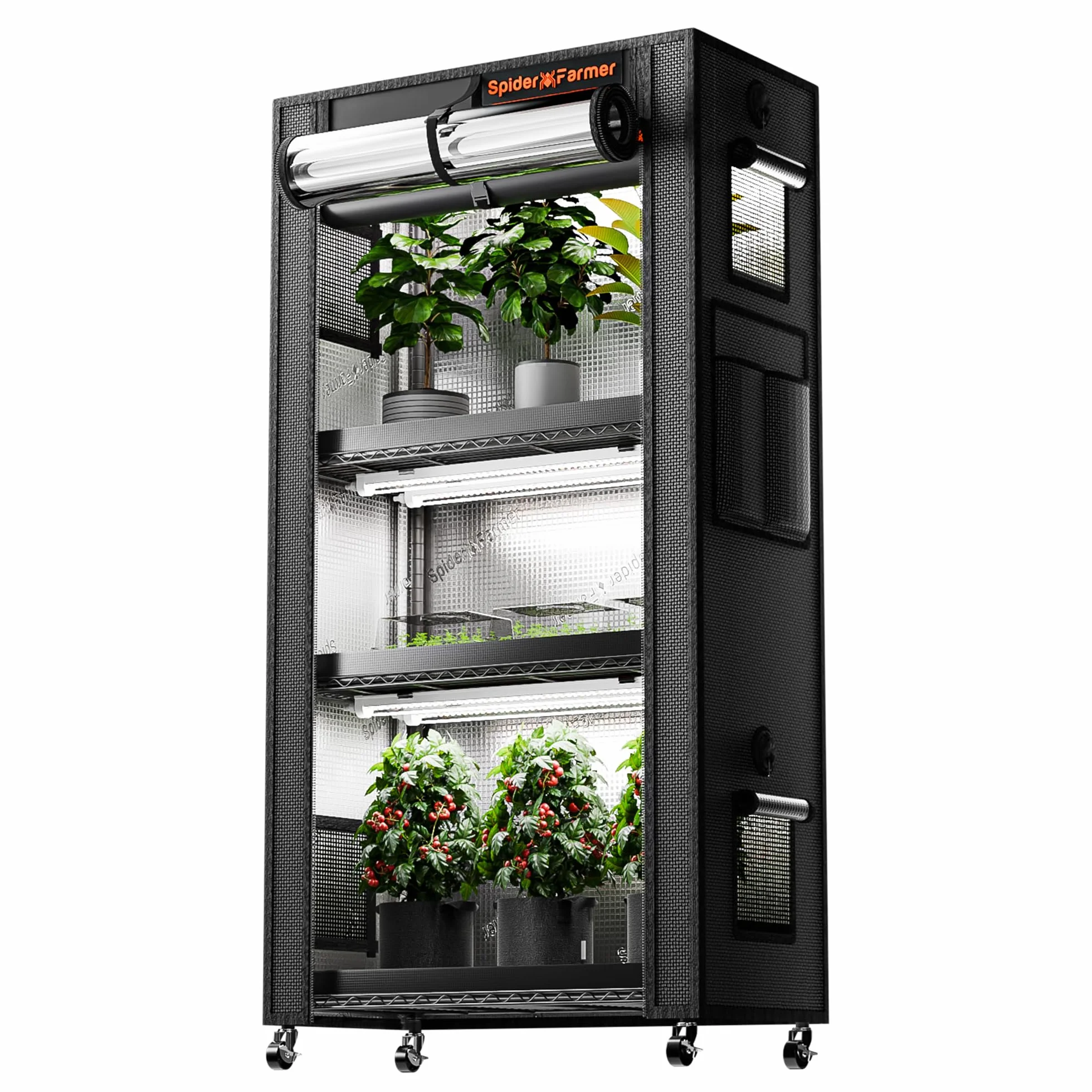Spider Farmer 4-poziomowy stojak na rośliny z kółkami, do szklarni wewnętrznej, 6 szt., T8, pełne spektrum LED, oświetlenie i namiot, do rozruchu nasion 70 x 35 x 150 cm