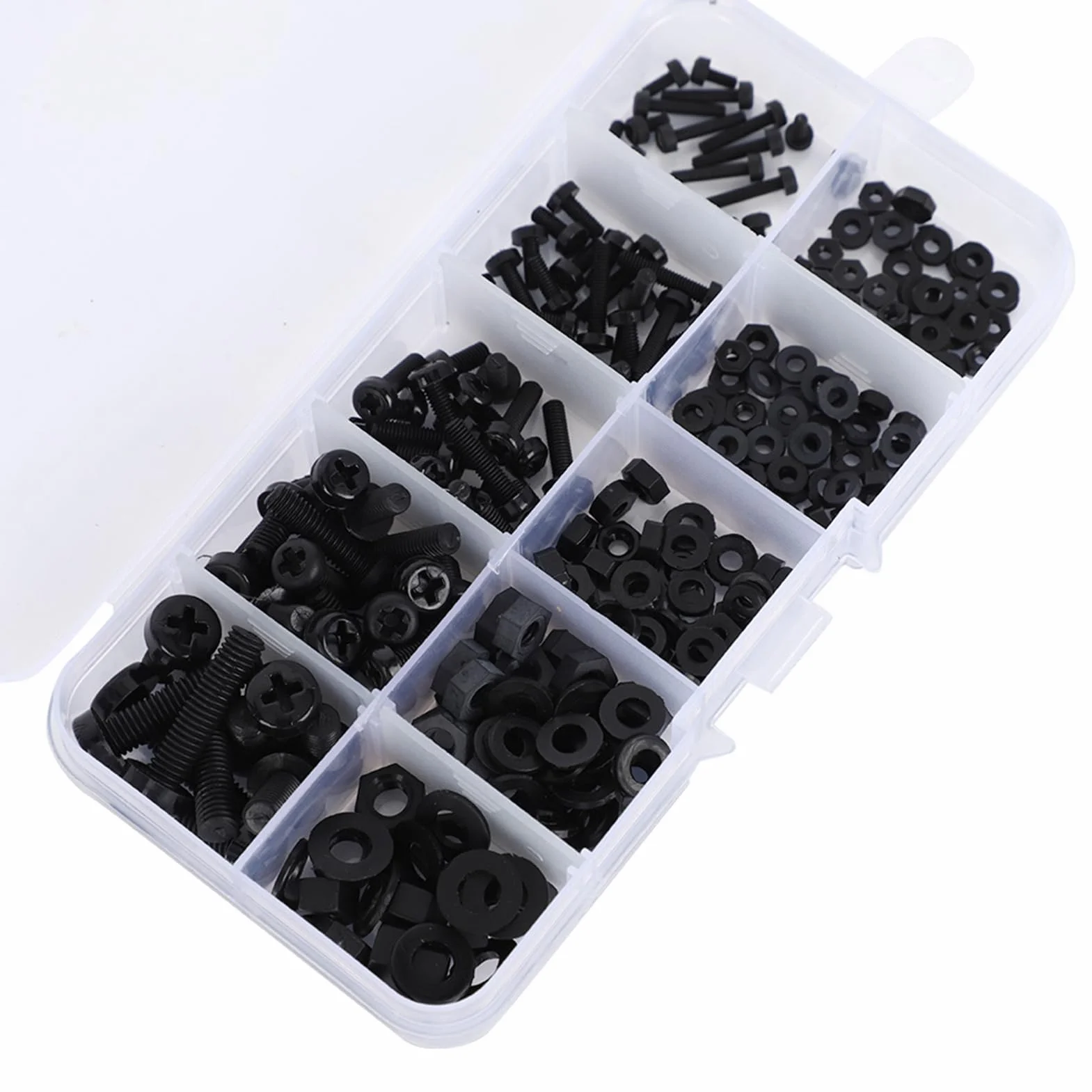270 Sztuk/pudło M2/M2.5/M3/M4/M5 Nylon Śruba Nakrętka Podkładka Zestaw Asortymentu Łączniki Sprzętowe ze Śrubą Schowek(Czarny zestaw śrub nylonowych 270 sztuk)