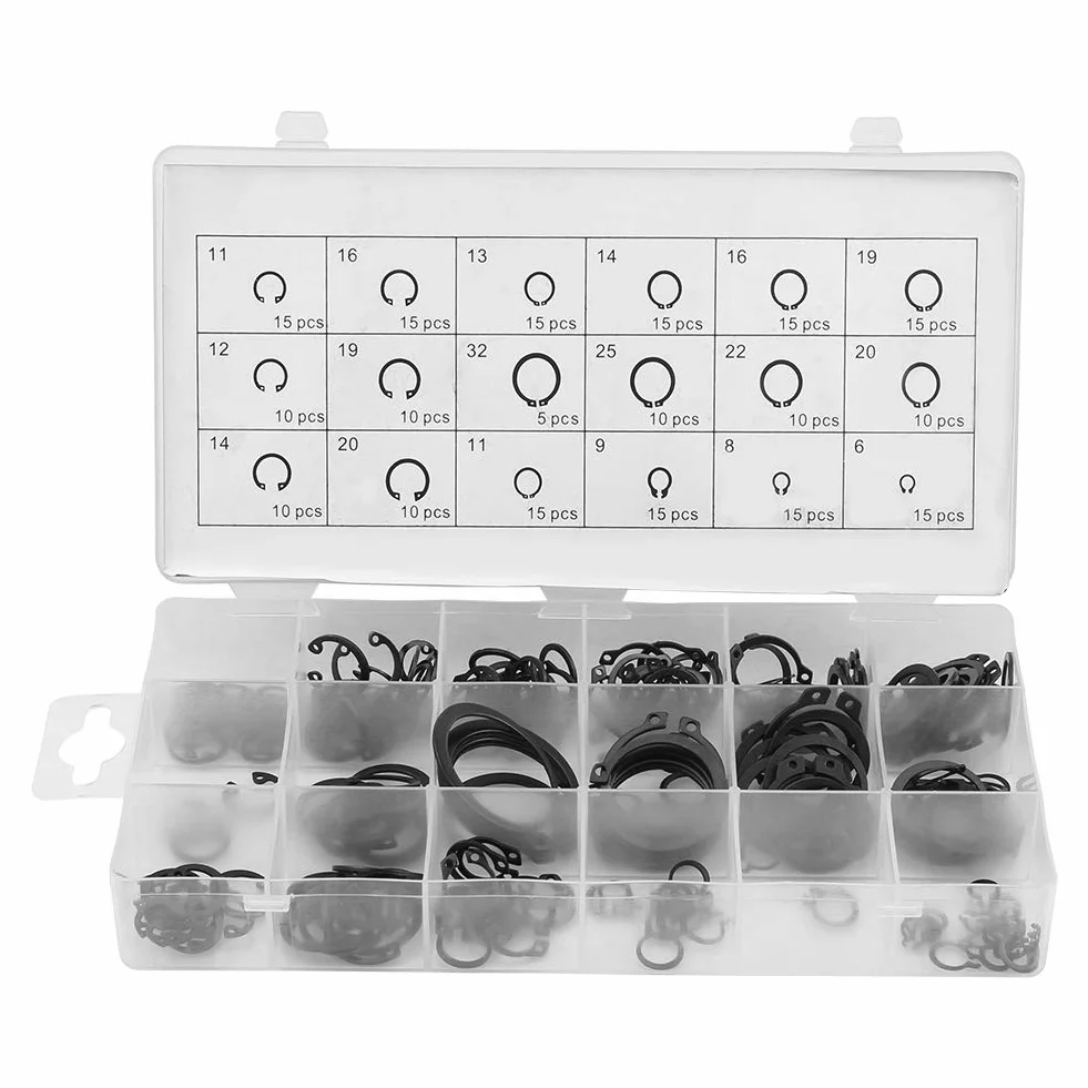 225-teiliges C-Clip-Kit, 18 Größen Metall-Innen- und Außen-Sicherungsring-Sicherungsring-Sortiment mit Kunststoffbox