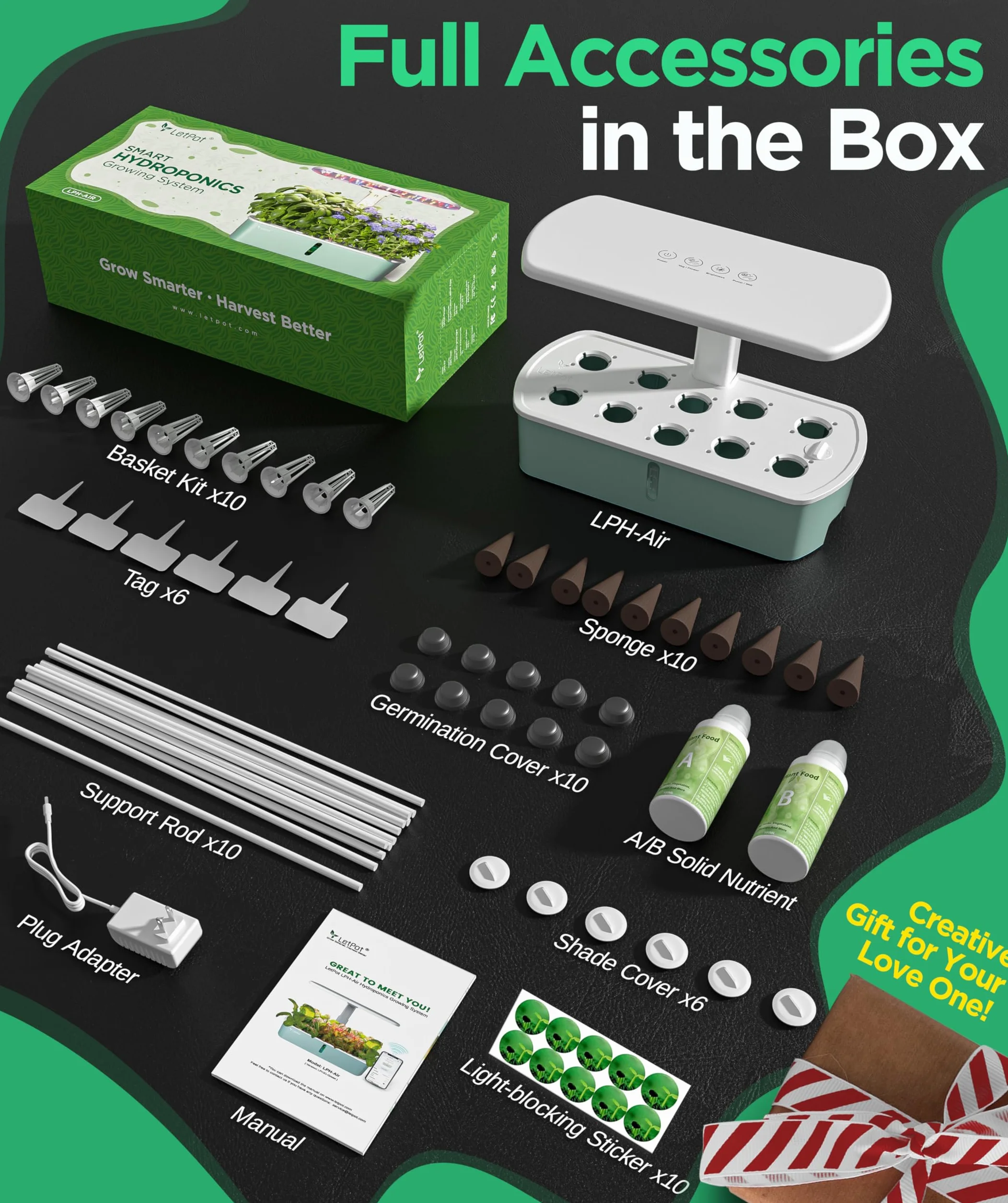 LETPOT LPH-Air WiFi hydroponiczny system uprawy, 10 tulejek, Smart Herb Garden Kit do wnętrz, ogrodu wewnętrznego z oświetleniem LED 24 W, zbiornik na wodę 4 l, system pompowania, automatyczny timer
