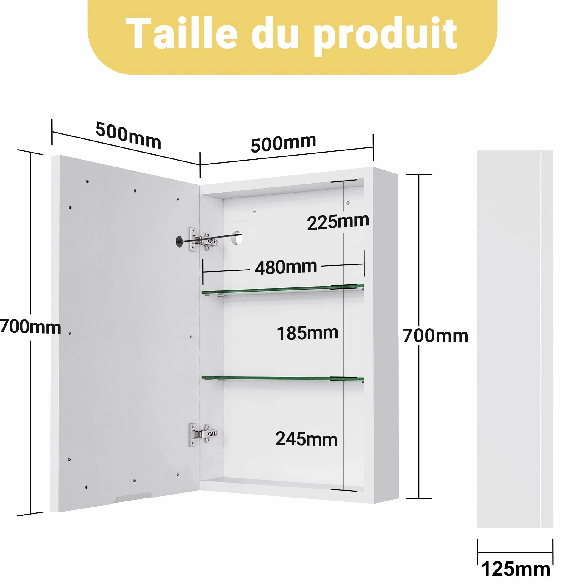 Szafka łazienkowa z lustrem z oświetleniem LED i przełącznikiem dotykowym, pojedyncze drzwi, 50 x 15 x 70 cm, 3 kolory i możliwość ściemniania, regulowana półka, biała