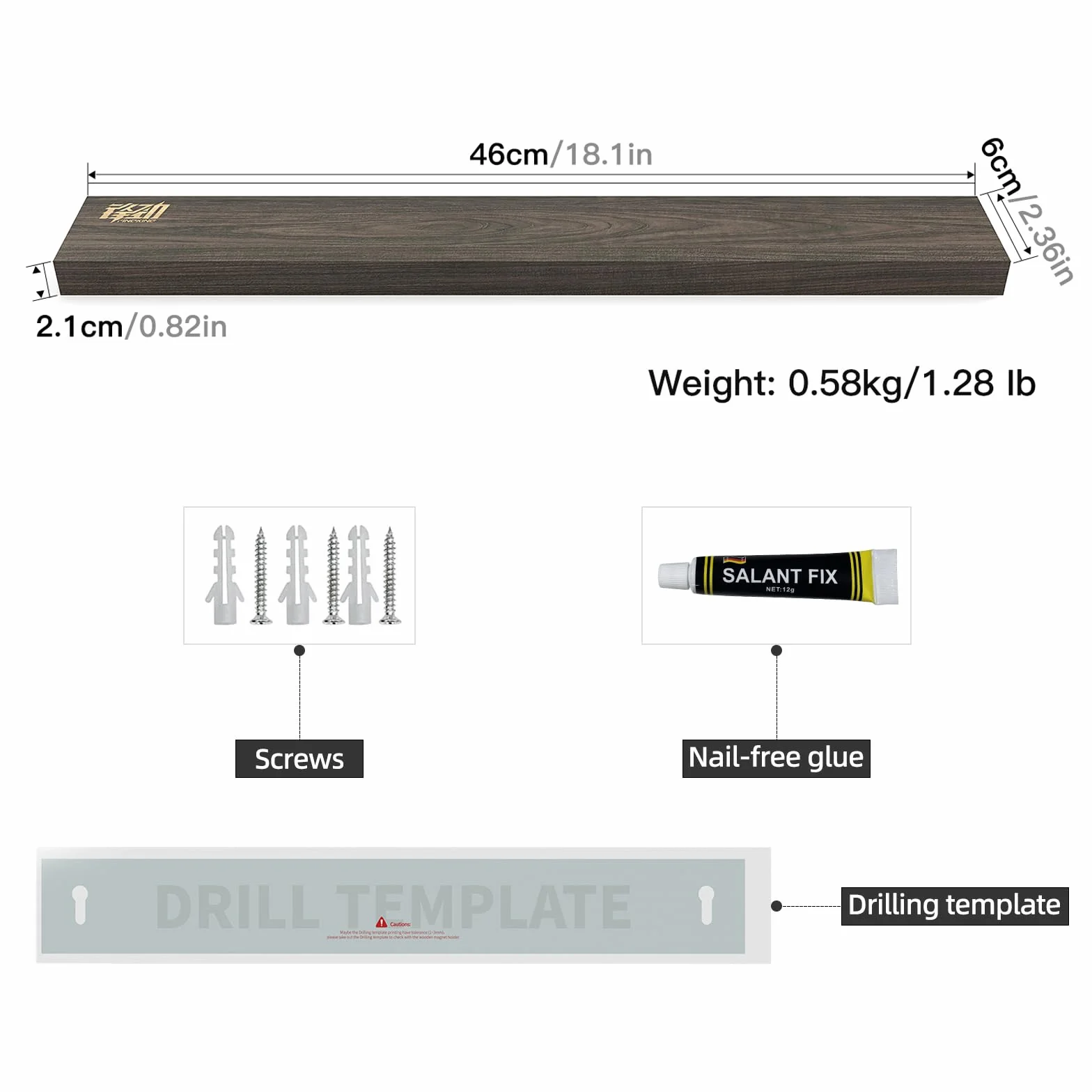 FINDKING 46CM listwa magnetyczna na noże, drewniany stojak kuchenny, bez wiercenia, drewno jesionowe, głęboki brąz