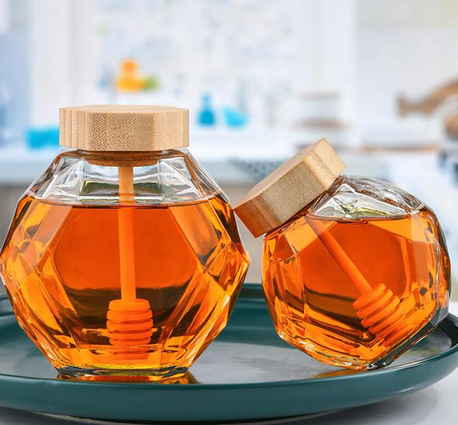 Szklany dozownik miodu 200 ml z drewnianą łyżką i korkiem