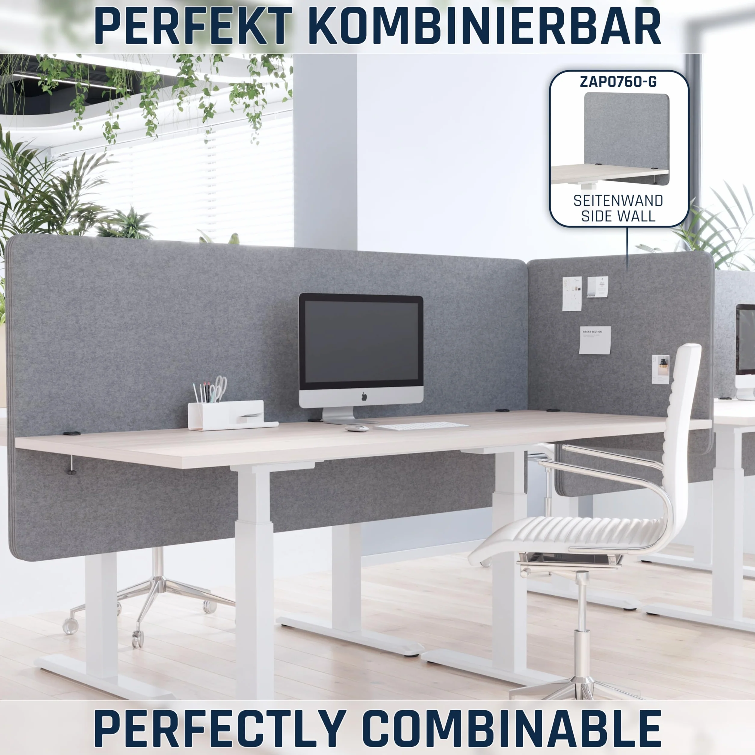 RICOO ZAP1680-G akustyczna ścianka działowa na biurko, ochrona przed wzrokiem, 160 x 80 x 2,3 cm, ochrona przed wzrokiem, filcowa, szara, do biura domowego, tablica na notatki
