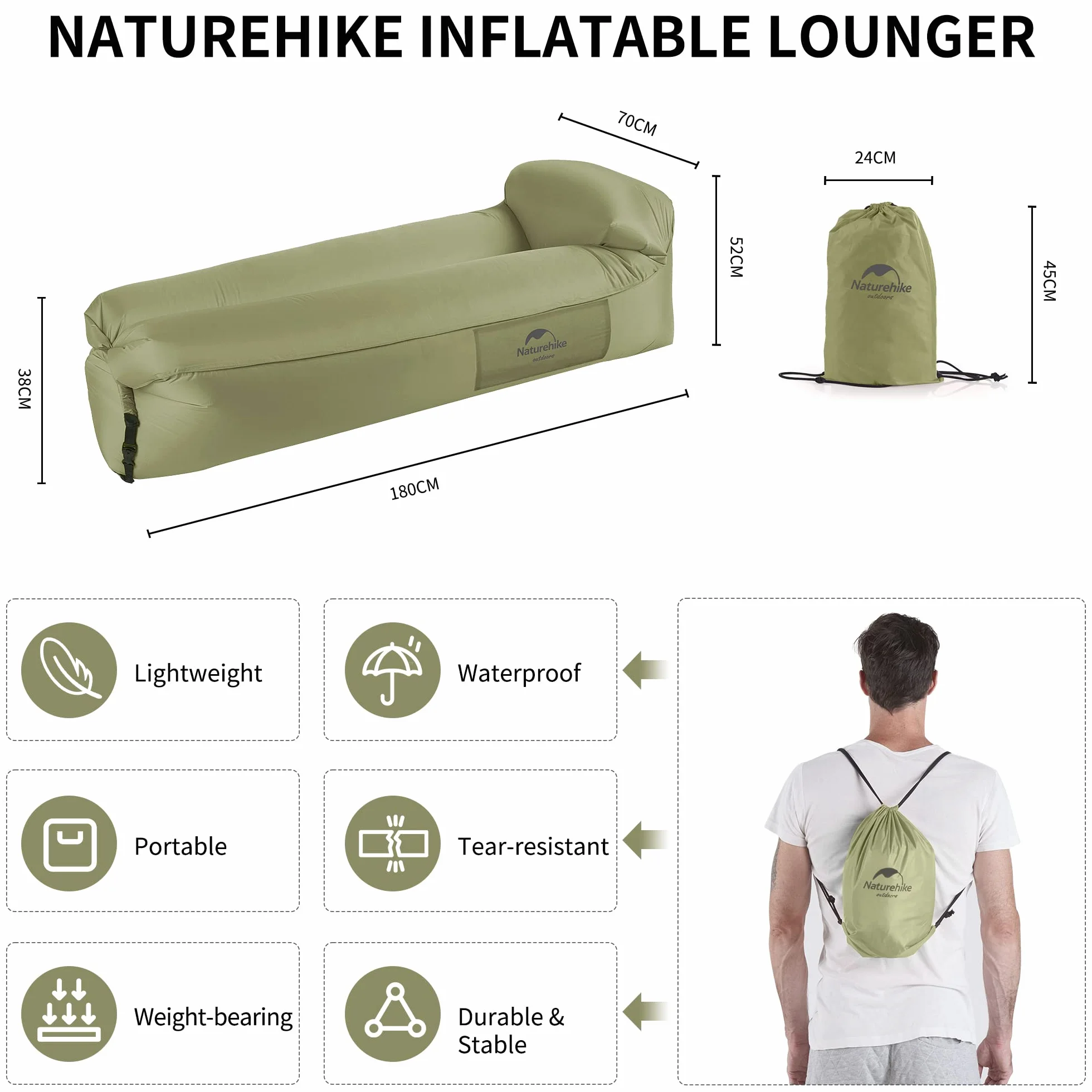 Naturehike Nadmuchiwany rozkładany fotel, wodoodporna nadmuchiwana sofa z przenośnym plecakiem, nadmuchiwane łóżko do kempingu, basenu (zielony)