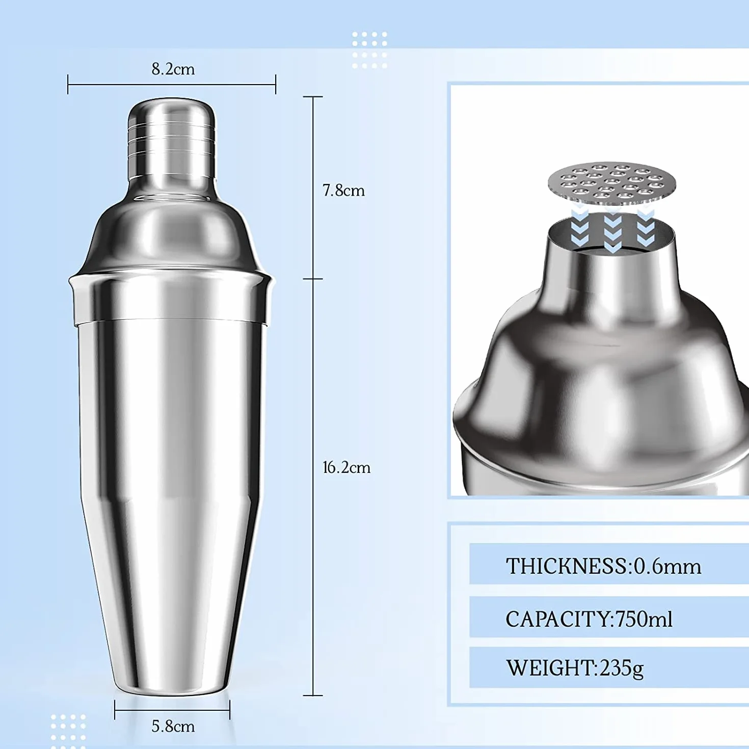 Shaker do koktajli, 750 ml, stal nierdzewna, shaker Martini Shaker + mikser z sitkiem