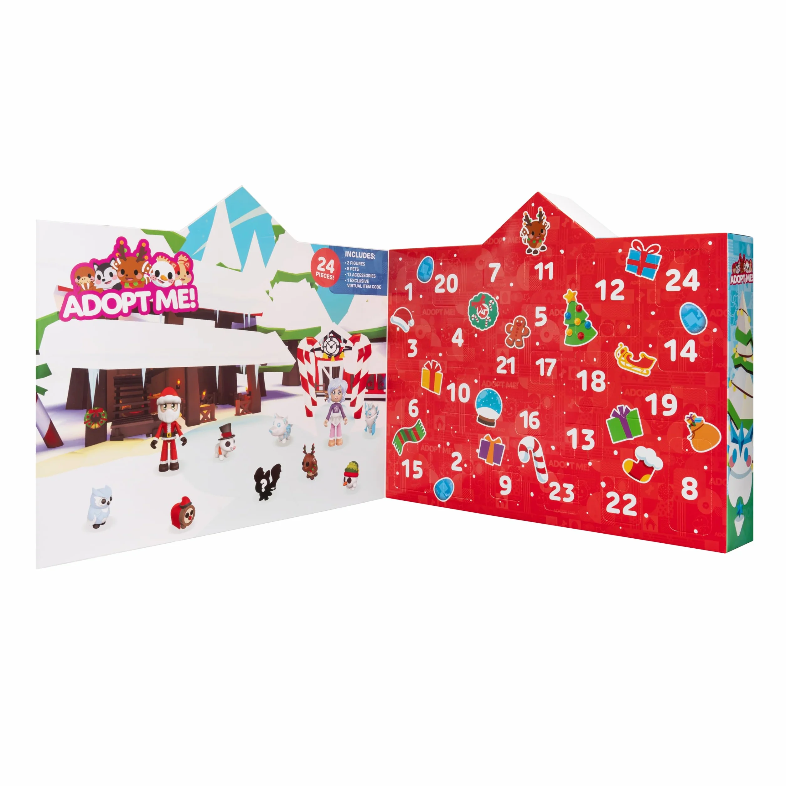 Adopt Me! Kalendarz świąteczny - funkcje (8) zwierzęta domowe 5 cm, (2) figurki 7 cm i 13 unikalnych akcesoriów - w zestawie ekskluzywny wirtualny kod przedmiotu - wiek 6 +