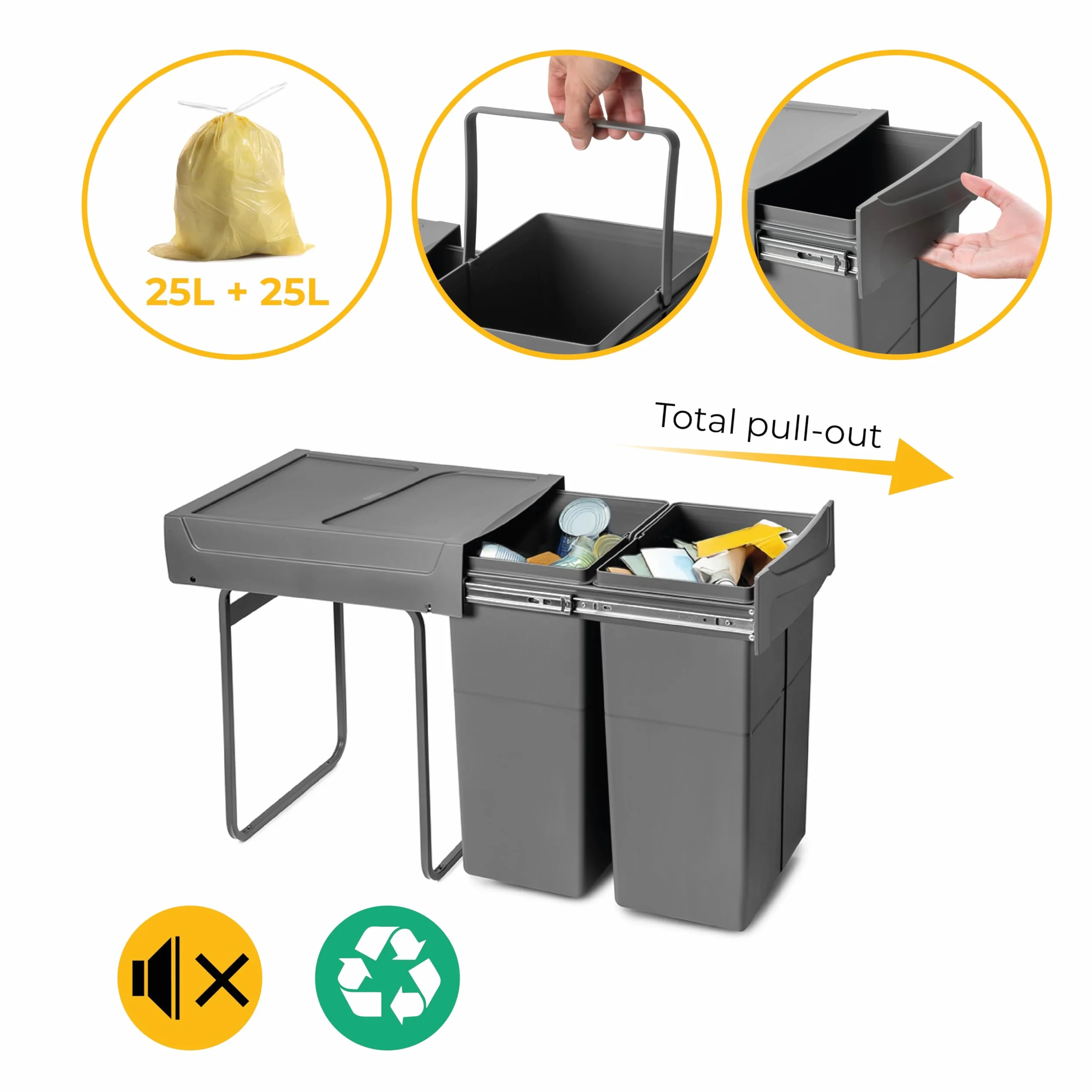 Emuca - Pojemnik do recyklingu 2x25 litrów, mocowanie dolne, wysuw manualny, Plastik, Szary antracytowy