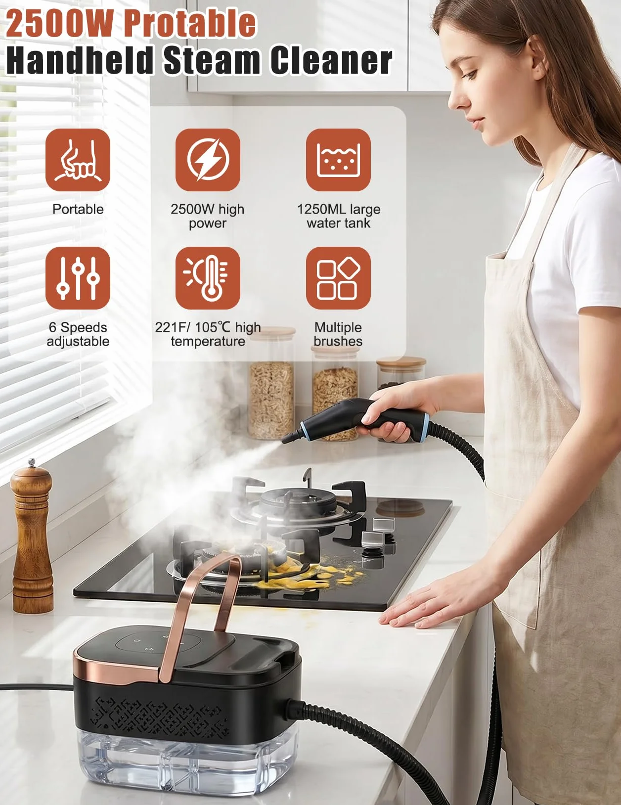 Odkurzacz Parowy, Wielofunkcyjny Ręczny Odkurzacz Parowy o Mocy 2500 W z 6 Regulowanymi Prędkościami i 8 Rodzajami Dysz, Przenośny 1250 ml, Wysokociśnieniowy