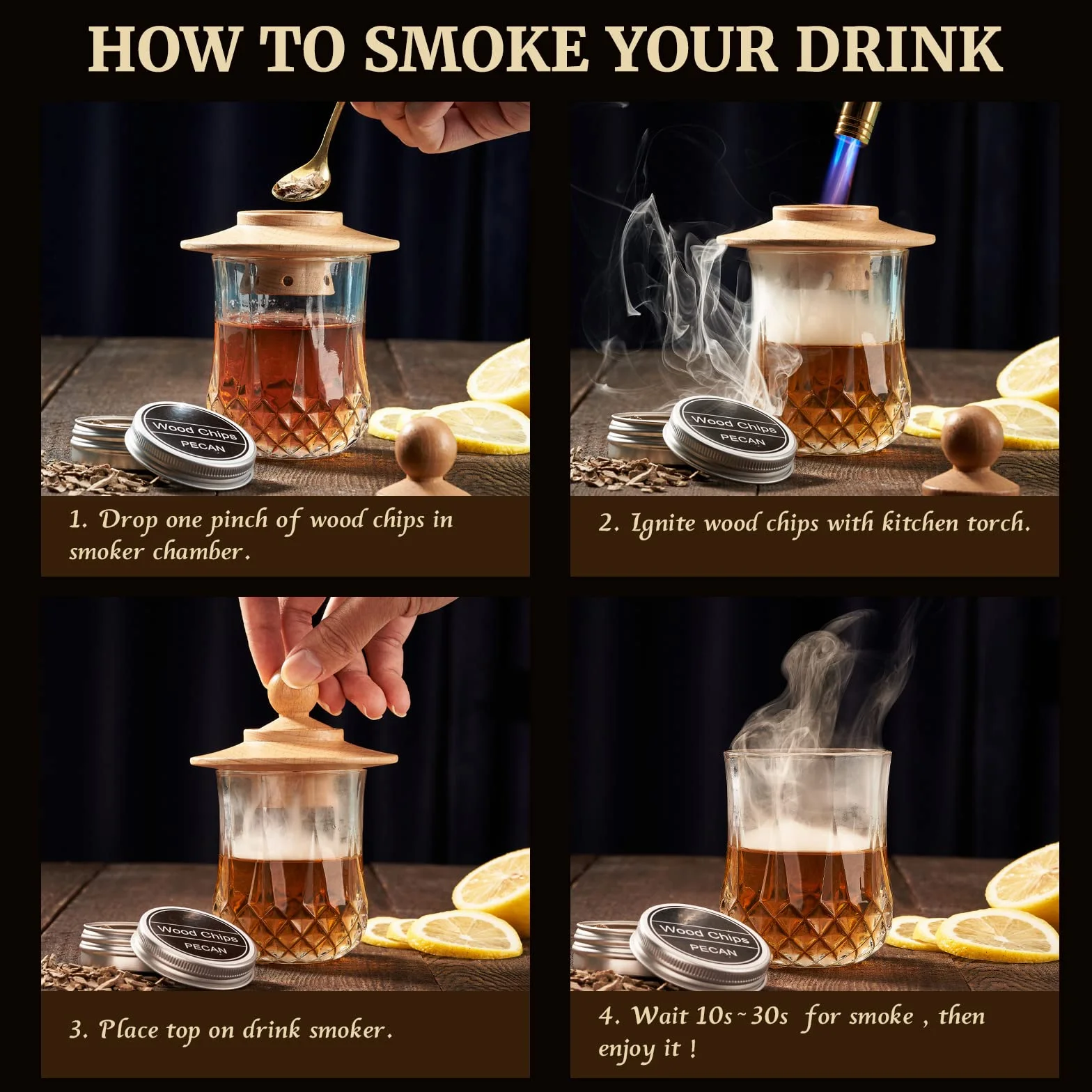 Zestaw Whisky Smoker – Old Fashioned Cocktail Gift Set z 6 Wiórkami Drzewnymi, 4 Kamieniami Granitowymi do Whisky i Palnikiem – Idealny Prezent dla Miłośników Whisky i Koktajli (bez butanu)