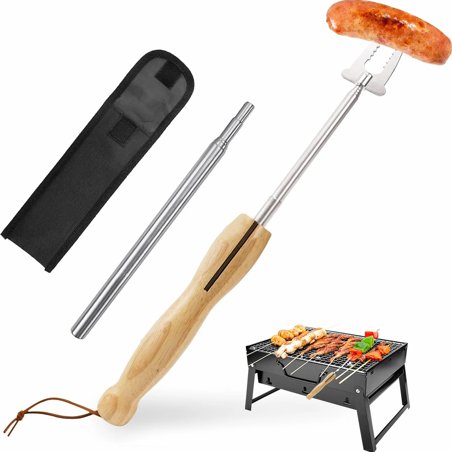 Rożen do grilla, widelec do grilla, rozsuwany, ze stali nierdzewnej, wysuwany uchwyt drewniany, z teleskopową rurą dmuchającą, widelec do grilla, wysuwany 81 cm, zestaw sztućców do grilla
