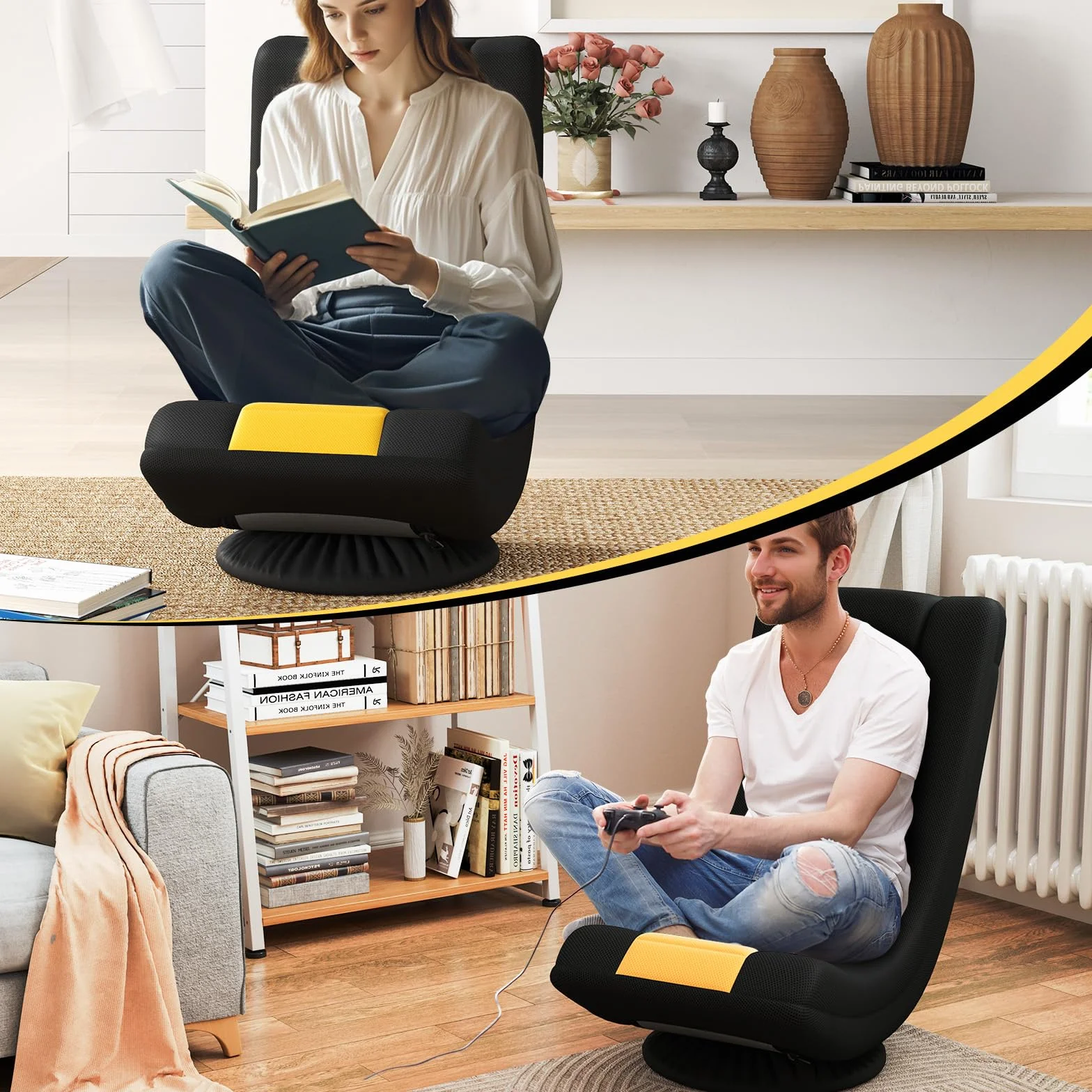 COSTWAY Krzesło podłogowe obracane o 360°, składana sofa z regulowanym oparciem, fotel podłogowy, fotel relaksacyjny do oglądania telewizji, czytania, gier