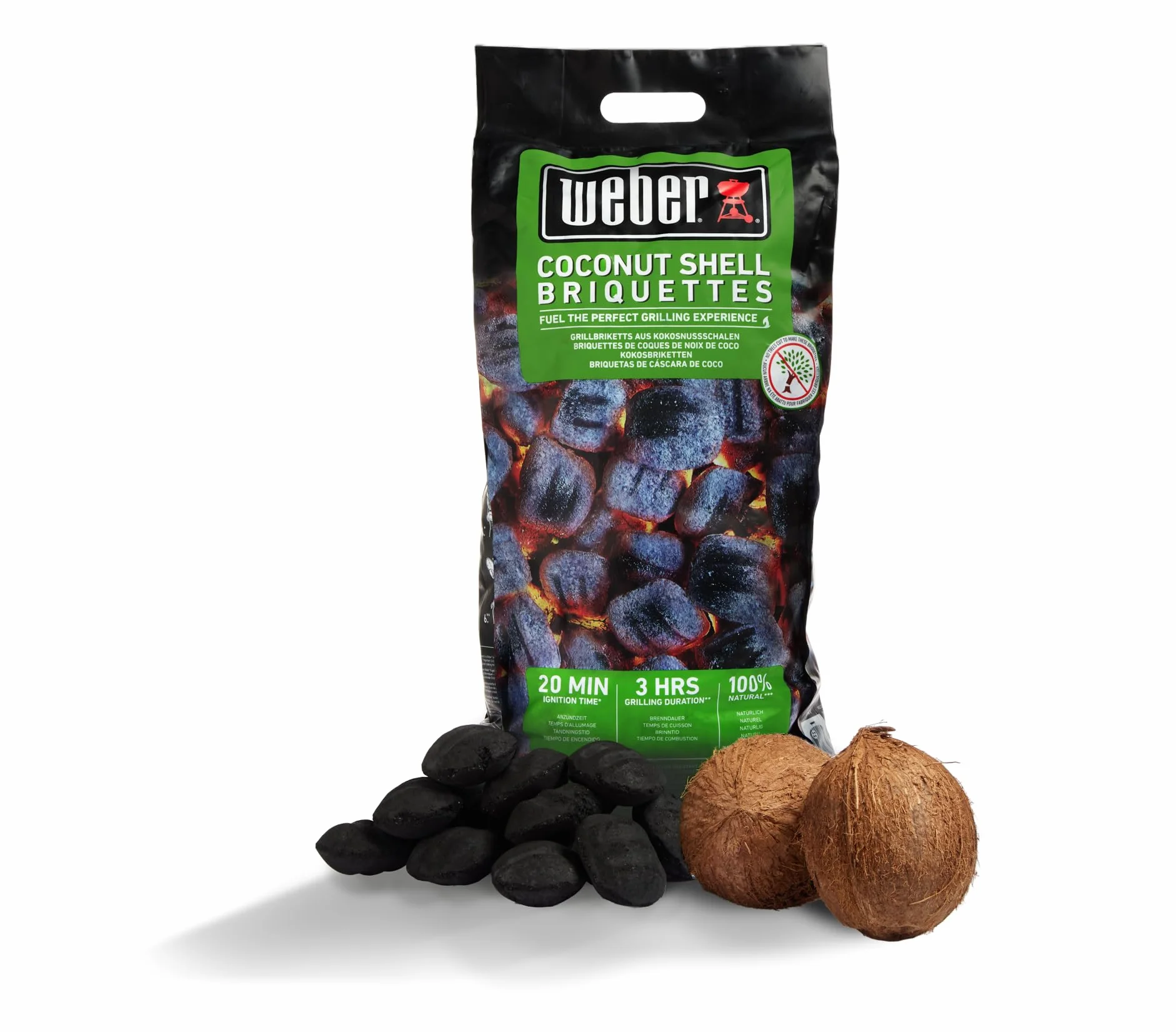 Weber Brykiet do Grilla z Skorupek Kokosowych (4kg Worek), Wydajny, do Długiego i Stabilnego Żaru, Idealny do Długiego Grillowania Mięsa, 100% Naturalny (18401)