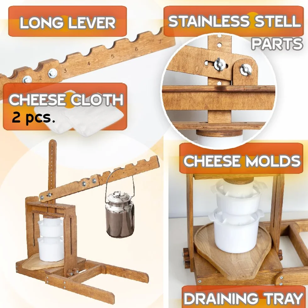 Dutch Wooden Cheese Press - Cheese Making Kit with Lever, 2 Cheese Molds & 200 lbs Pressure